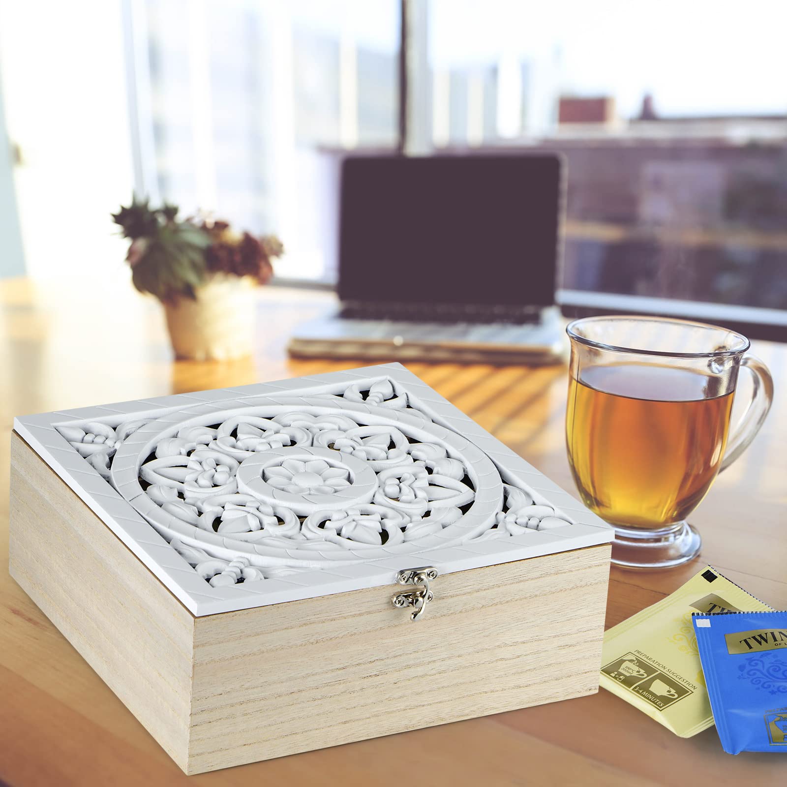 MOLIGOU Wooden Tea Bag Organizer - 9 Compartment Tea Storage Box with Floral Pattern Lid, Tea Bag Holder for Cabinet & Pantry - Perfect for Kitchen Organization & Tea Lovers Gift