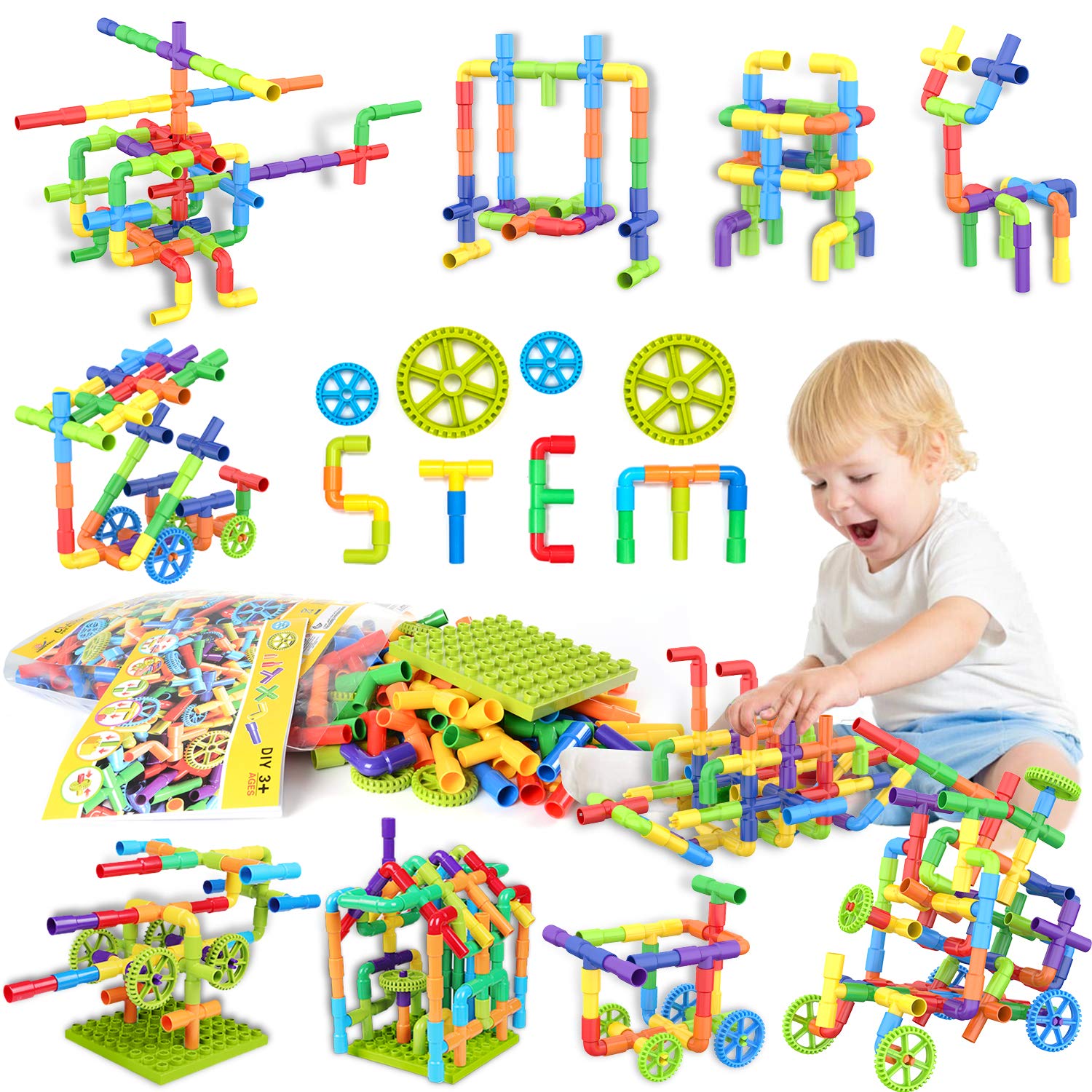 175 Piece STEM Building Blocks Set - Pipe Tube Sensory Toys for Kids with Wheels & Baseplate - Creative Construction Learning Toys for Toddlers Boys Girls Age 3+ - Perfect for Preschool Education & Birthday Gifts