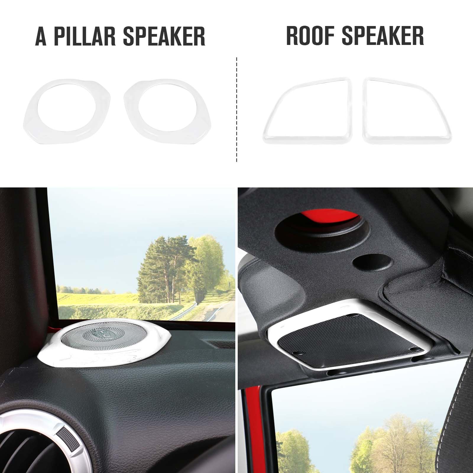 2015-2018 Jeep Wrangler JK JKU 4PCS A Pillar Speaker & Roof Top Speaker Cover Interior Trim Accessories - White | Perfect for Off-Roading & Car Audio Upgrades