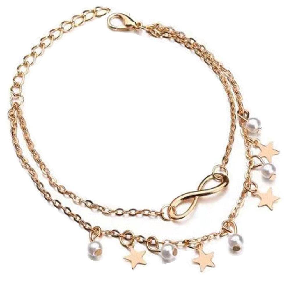 Elegant Two-Layer Gold Plated Butterfly Anklet for Women - Dangling Polish Star & Simulated Pearl Charm Ankle Bracelet - Perfect for Beach, Summer & Boho Fashion Jewelry