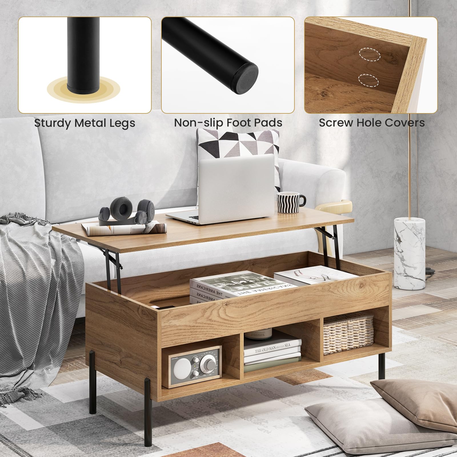 Tangkula Lift Top Coffee Table with Metal Legs - Multifunctional Wooden Dining & Working Table with Hidden Compartment & 3 Open Cubbies for Living Room, Office, Reception Area (Natural Finish) - Perfect for Entertaining, Remote Work, and Stylish Home Decor