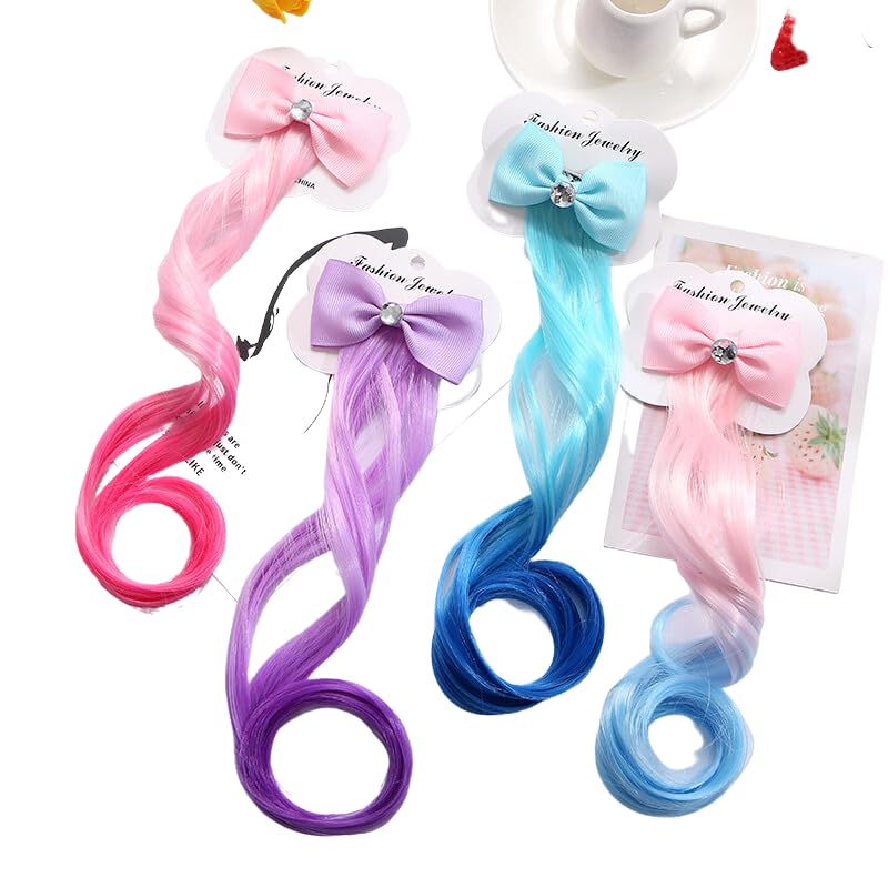 Samyak 4-Piece Kids Curly Hair Extension Wigs with Colorful Hair Bow Ribbon Barrettes & Alligator Clips - 4 Colors for Girls' Dress-Up, Cosplay & Party Accessories