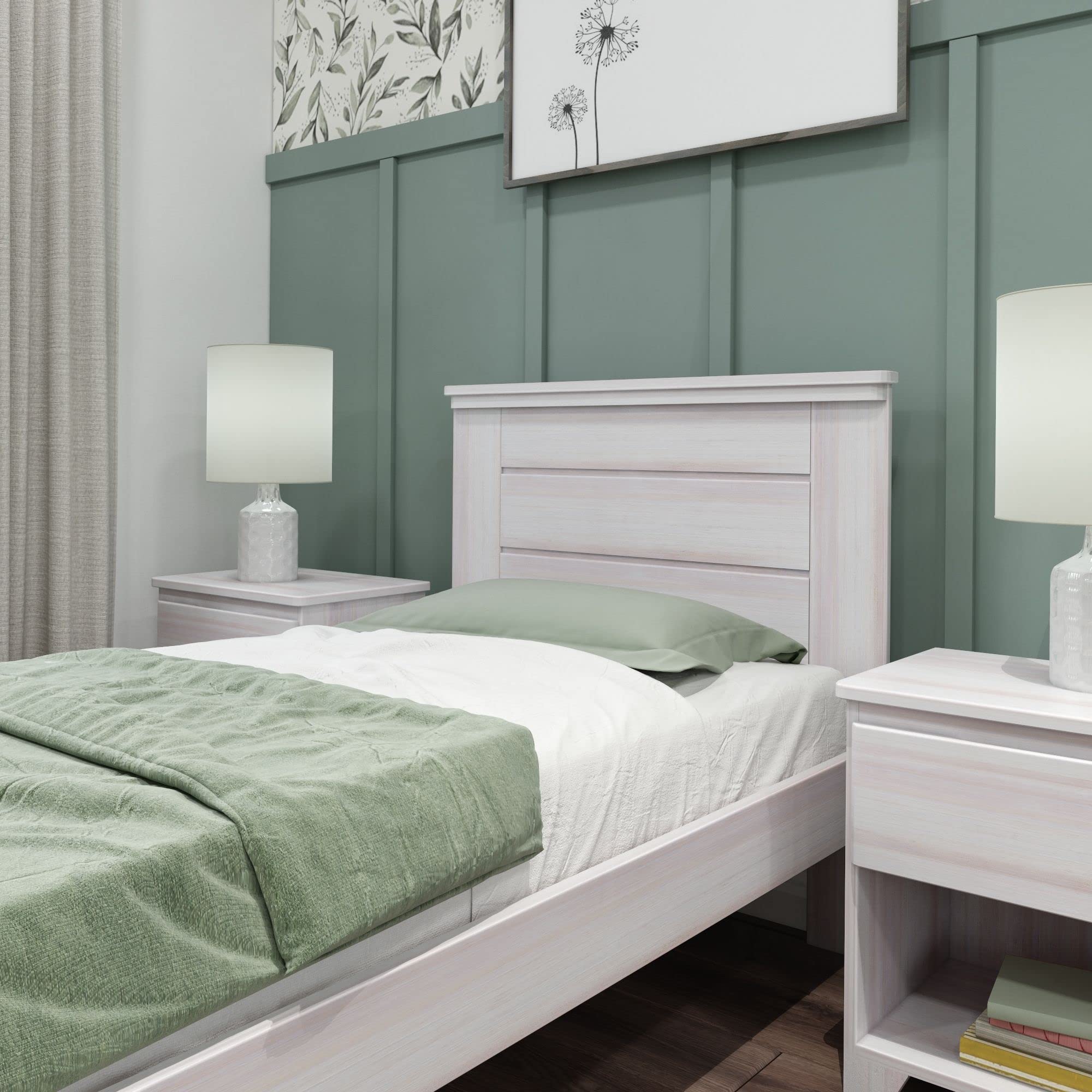 Modern Farmhouse Twin Bed Frame with Headboard for Kids - White Washed Wood Panel Design - Perfect for Nursery, Bedroom & Guest Room