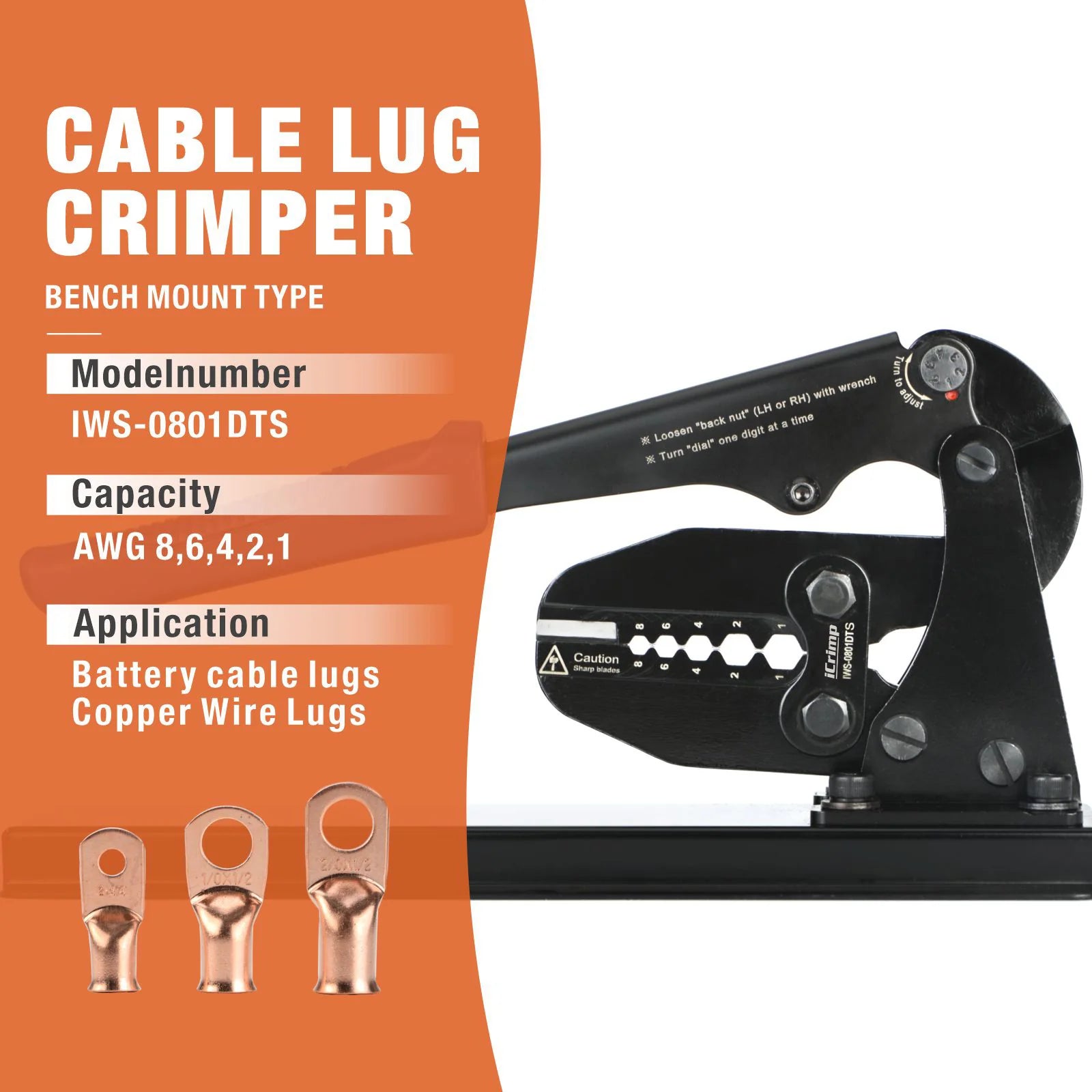 IWS 1040DTS Professional Battery Cable Crimper Tool for AWG 1/0 to 4/0 Gauge Copper Wire Lugs - Heavy Duty Crimping for Automotive, Marine, and Solar Power Applications
