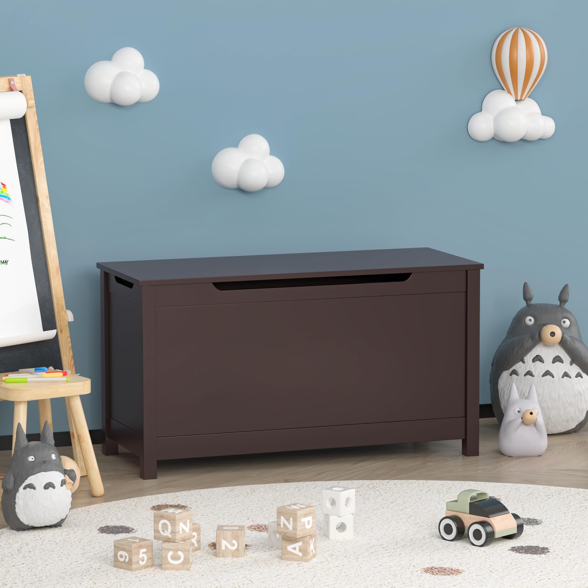 **Wooden Toy Chest for Kids - Safety Hinged Lid Toy Storage Organizer, Playroom Furniture Bench with Durable Dark Brown Finish - Perfect for Nursery, Bedroom & Playroom Organization**