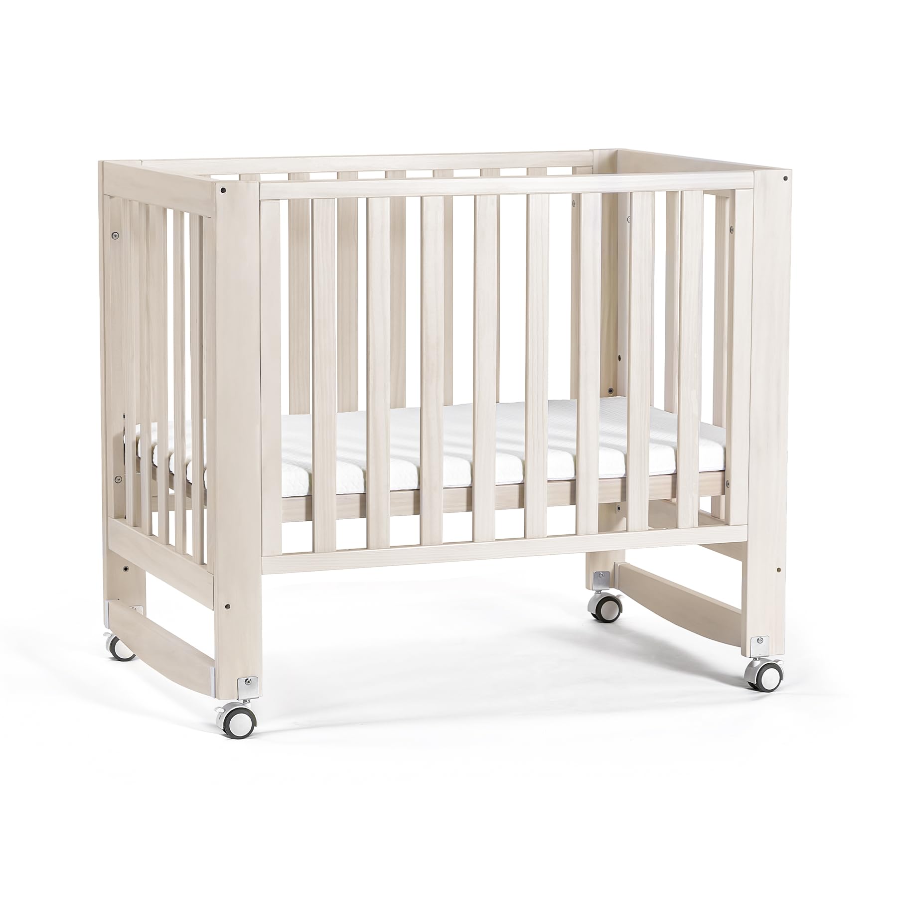 EvoNest 11-in-1 Convertible Baby Crib with Wheels | 100% New Zealand Pinewood | 4 Adjustable Mattress Heights | Washable Natural Finish | Mini Crib for Nursery, Bedroom & Small Spaces