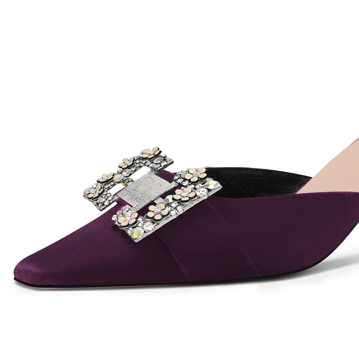 FSJ Women's Rhinestone Floral Square Toe Mule Sandals - Low Kitten Heel Slip On Slides with Metal Buckle, Backless Dressy Slippers for Evening Wear (US Size 4-15) | Perfect for Weddings, Parties & Summer Outfits