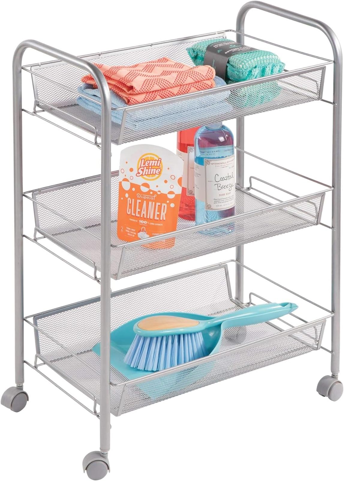 InterDesign 04920 Brio 3-Tier Rolling Storage Cart with Omni-Directional Wheels & Removable Mesh Baskets - Silver | Space-Saving Organizer for Kitchen, Bathroom, Office, or Dorm Room