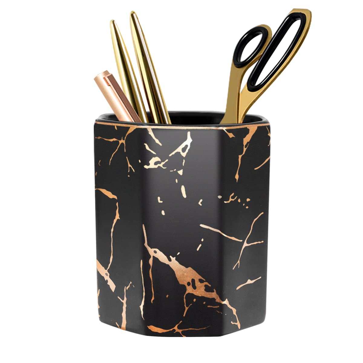 Waveyu Marble Pattern Ceramic Pen Holder & Makeup Brush Organizer - Large Capacity Desk Storage for Office, Home & Kids (Black) | Perfect for School Supplies, Cosmetic Brushes & Stationery Organization