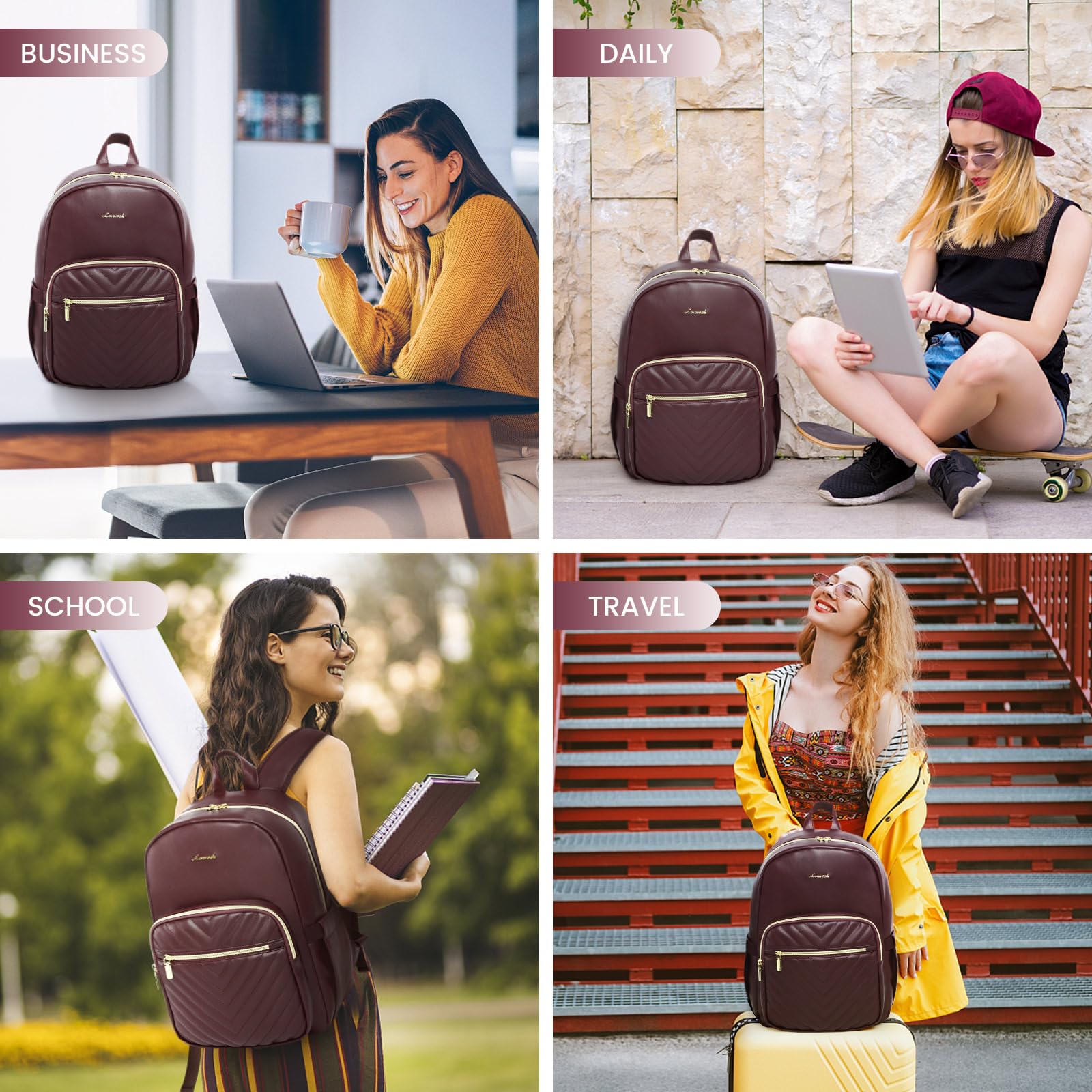 LOVEVOOK Women's Waterproof Mini Backpack Purse - Lightweight Small Backpack Set of 2 (Wine Red) - Perfect for Travel, Work, Gym & Daily Use