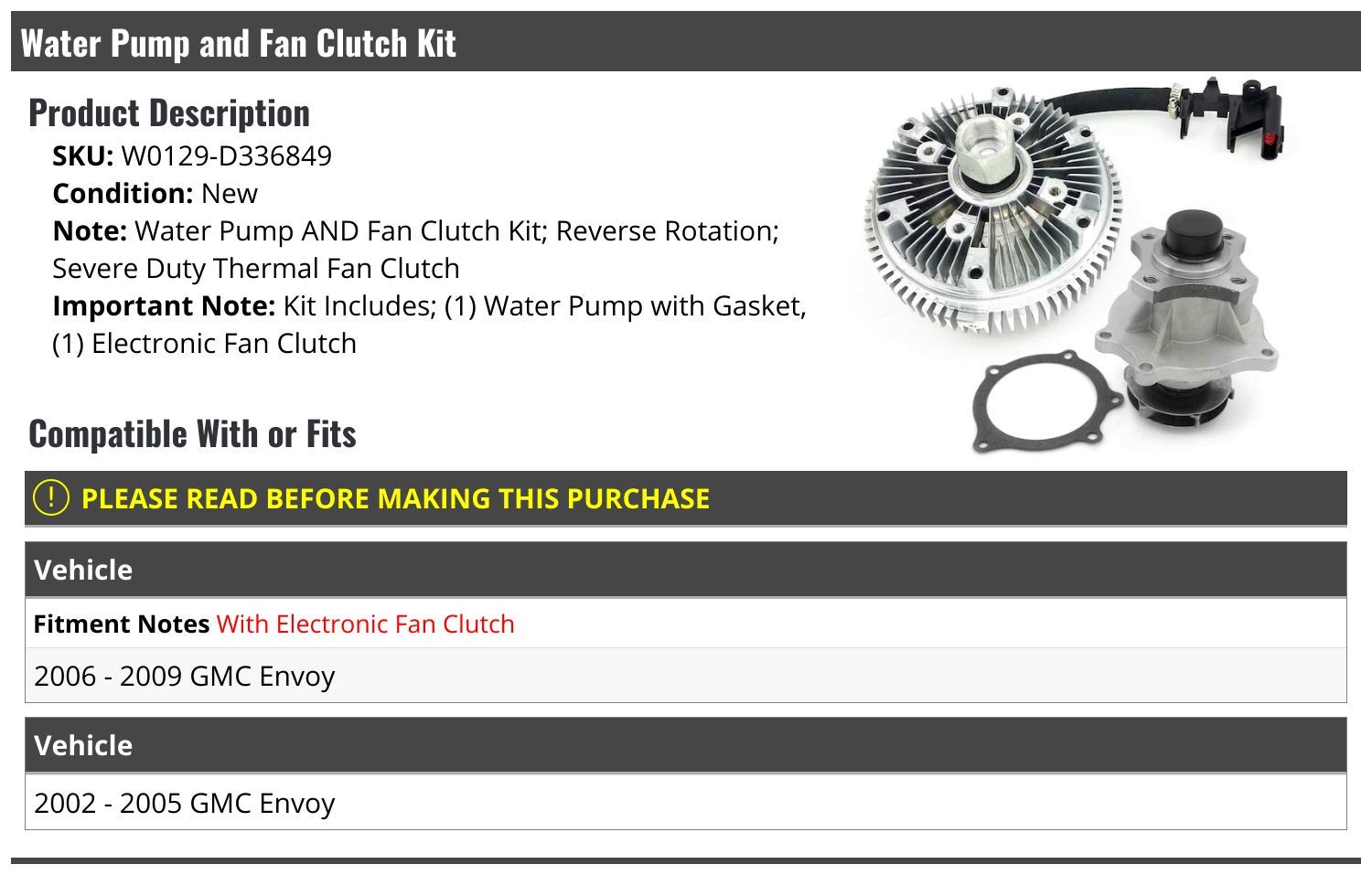 2002-2009 GMC Envoy Water Pump & Electronic Fan Clutch Replacement Kit - High Performance Cooling System Parts for Off-Road & Towing Scenarios