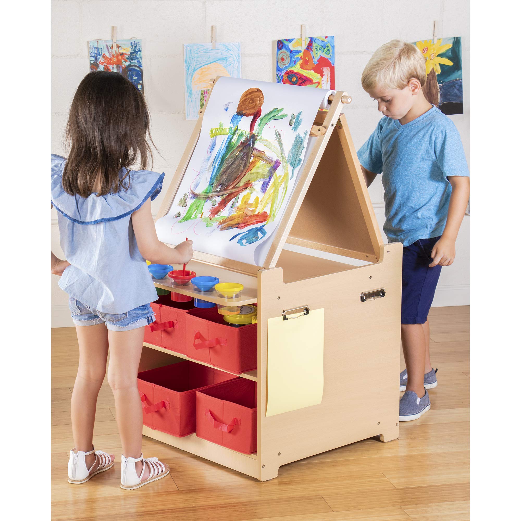 Guidecraft Kids Folding Art Easel & Craft Storage Cart with Chalkboard, Whiteboard & Fabric Bins - Wooden Toddler Activity Desk for Classroom, Homeschool & Playroom | Perfect for Drawing, Painting & Creative Play