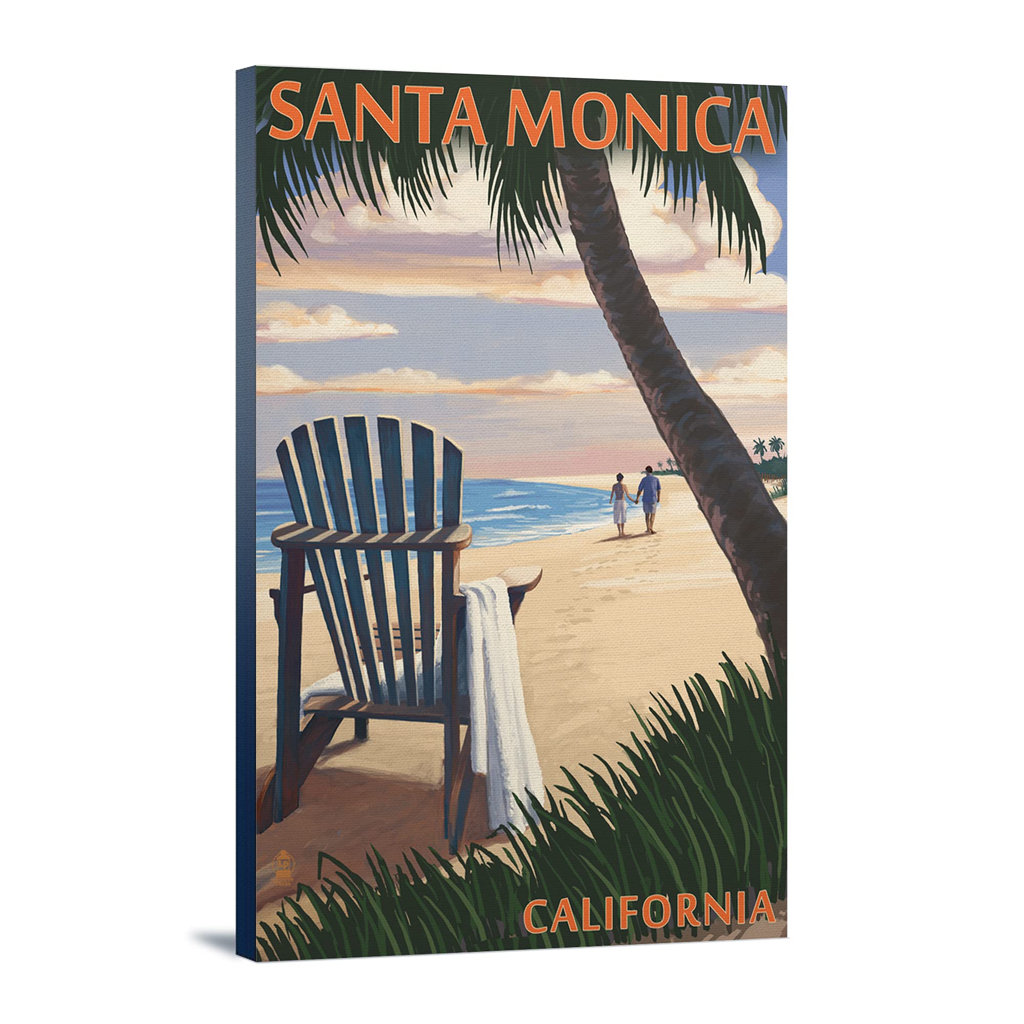 Lantern Press Santa Monica California Sunset Art - 12x18 Wrapped Canvas Wall Decor with Adirondack Chairs - Perfect for Beach House, Living Room & Coastal Home Decor