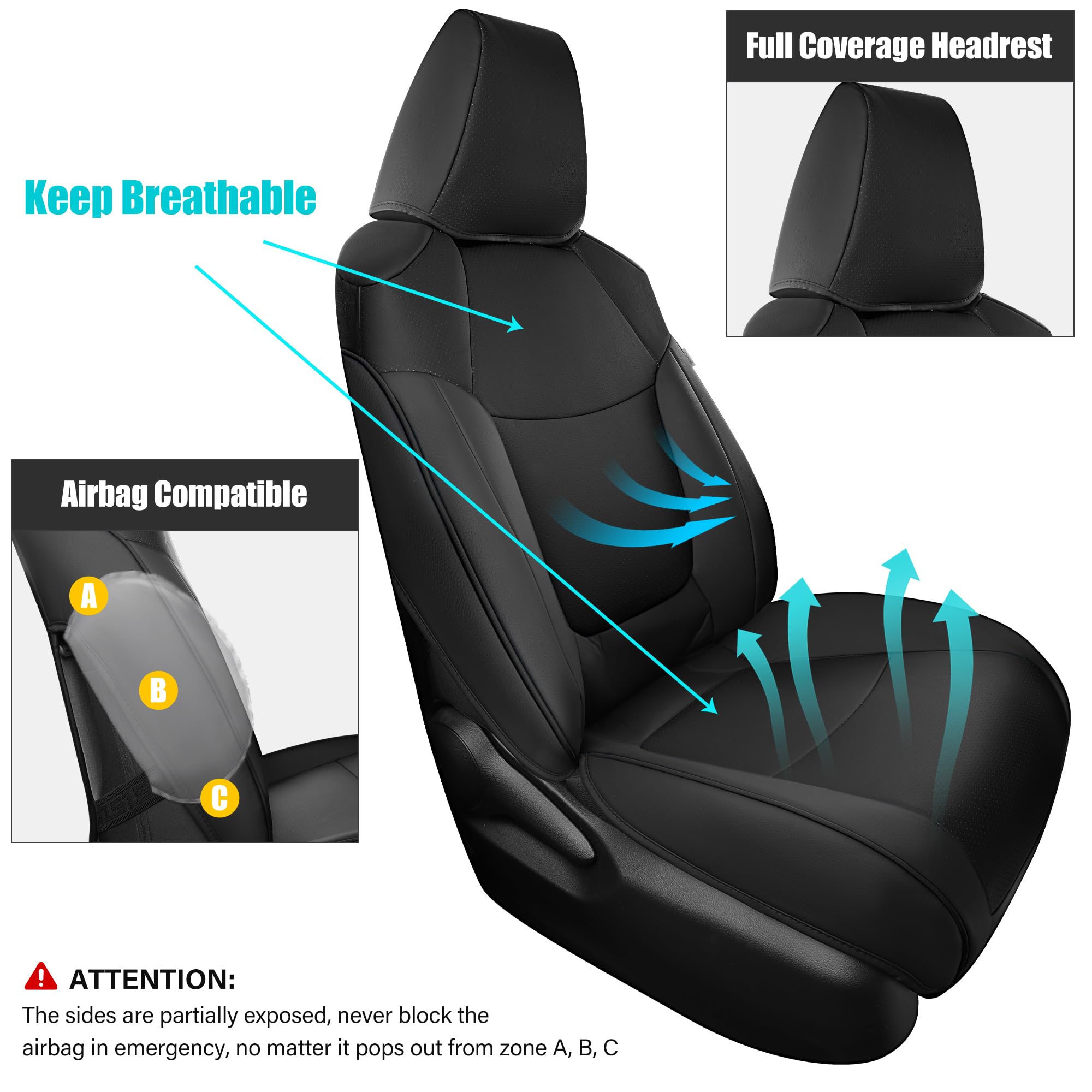 Premium Faux Leather Car Seat Covers for Toyota RAV4 2019-2023 (LE/XLE/XLE Premium/Limited) - Waterproof, Custom Fit Front Pair in Black | Durable Protection & Enhanced Comfort for Daily Commute & Road Trips