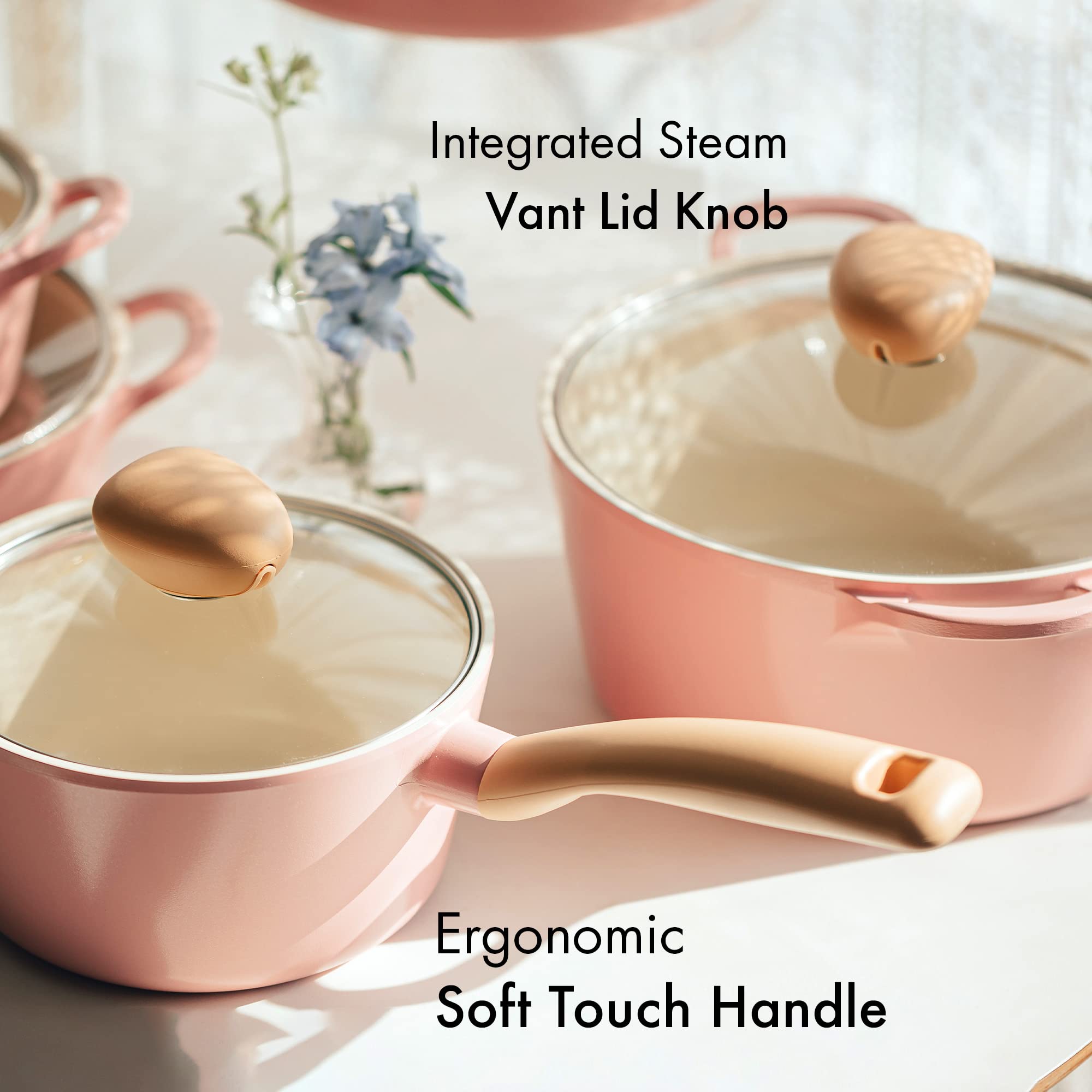 Neoflam Retro 5-Piece Ceramic Nonstick Cookware Set - PFOA Free Pots and Pans with Steam Vent Lids & Heat Resistant Silicone Handles - Safe Cooking for Home Kitchen, Perfect for Boiling, Frying & Sauteing - Pink
