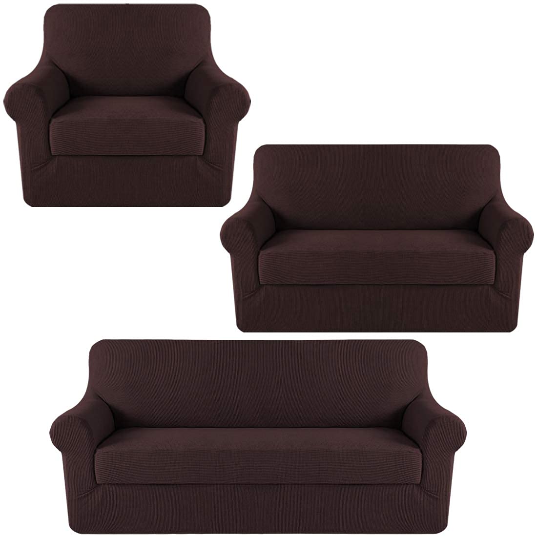 H.VERSAILTEX Stretch Sofa Covers for 3 Cushion Couch - 2 Piece Spandex Slipcover Set for Loveseat & Chairs (Brown) - Perfect for Living Room, Apartment & Pet-Friendly Furniture Protection