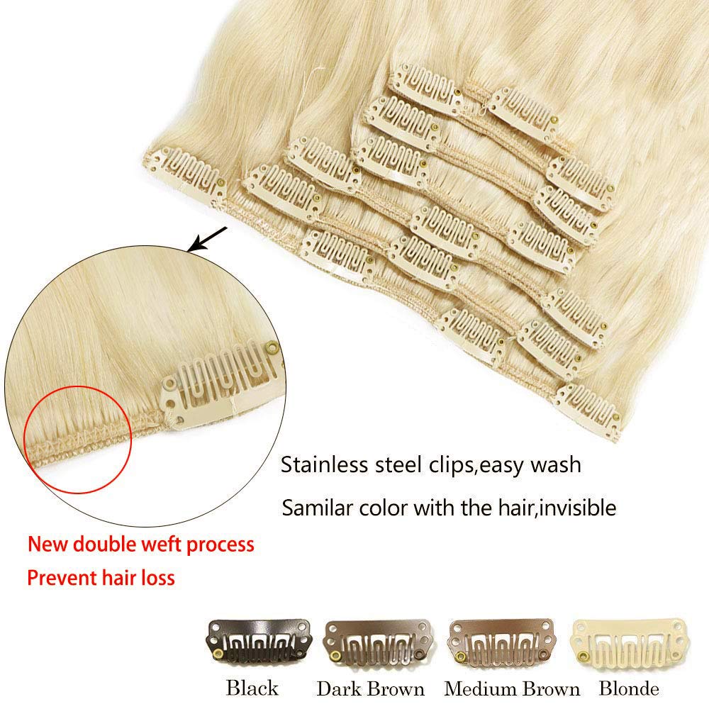 Platinum Blonde Clip-in Human Hair Extensions 9A Grade - 120g 7-Piece Double Weft Remy Hair - Silky Straight Hair Extensions for Women (22 Inches, #60 Blonde) - Perfect for Parties, Weddings & Daily Styling