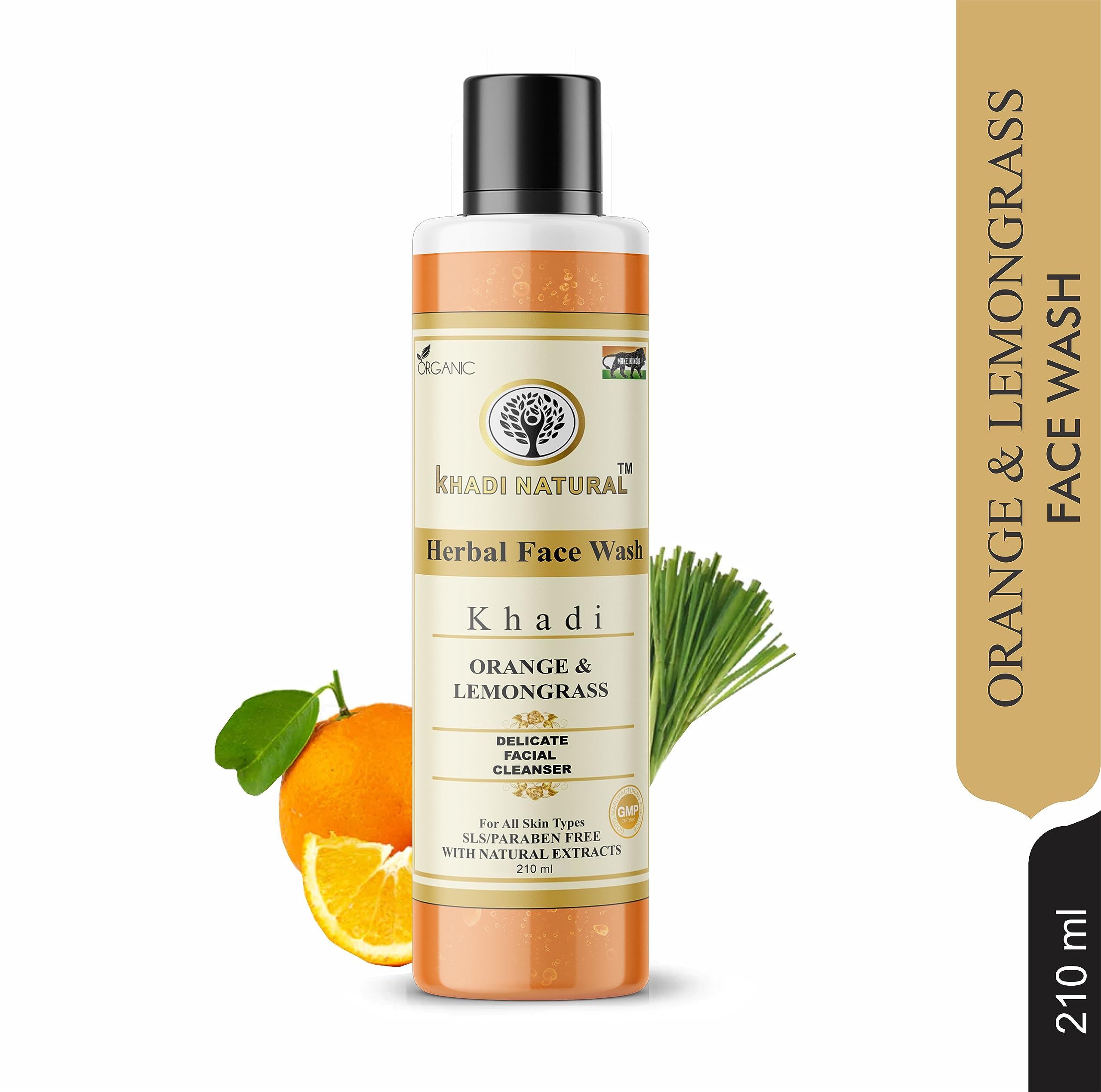 Organic Khadi Orange & Lemongrass Herbal Face Wash for Dry Skin - 210ml | Natural & Chemical-Free Cleanser | Perfect for Daily Skincare Routine & Sensitive Skin Care