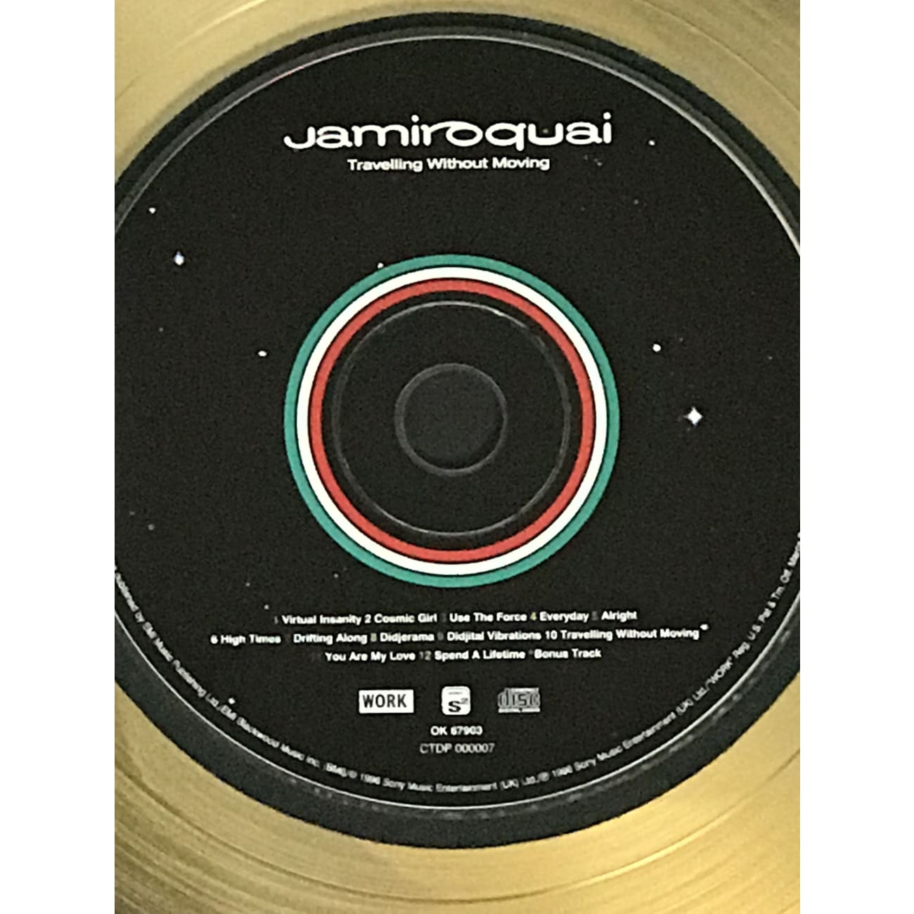 Jamiroquai Travelling Without Moving RIAA Gold Album Award - Certified Music Collectible for Vinyl Enthusiasts & Home Decor