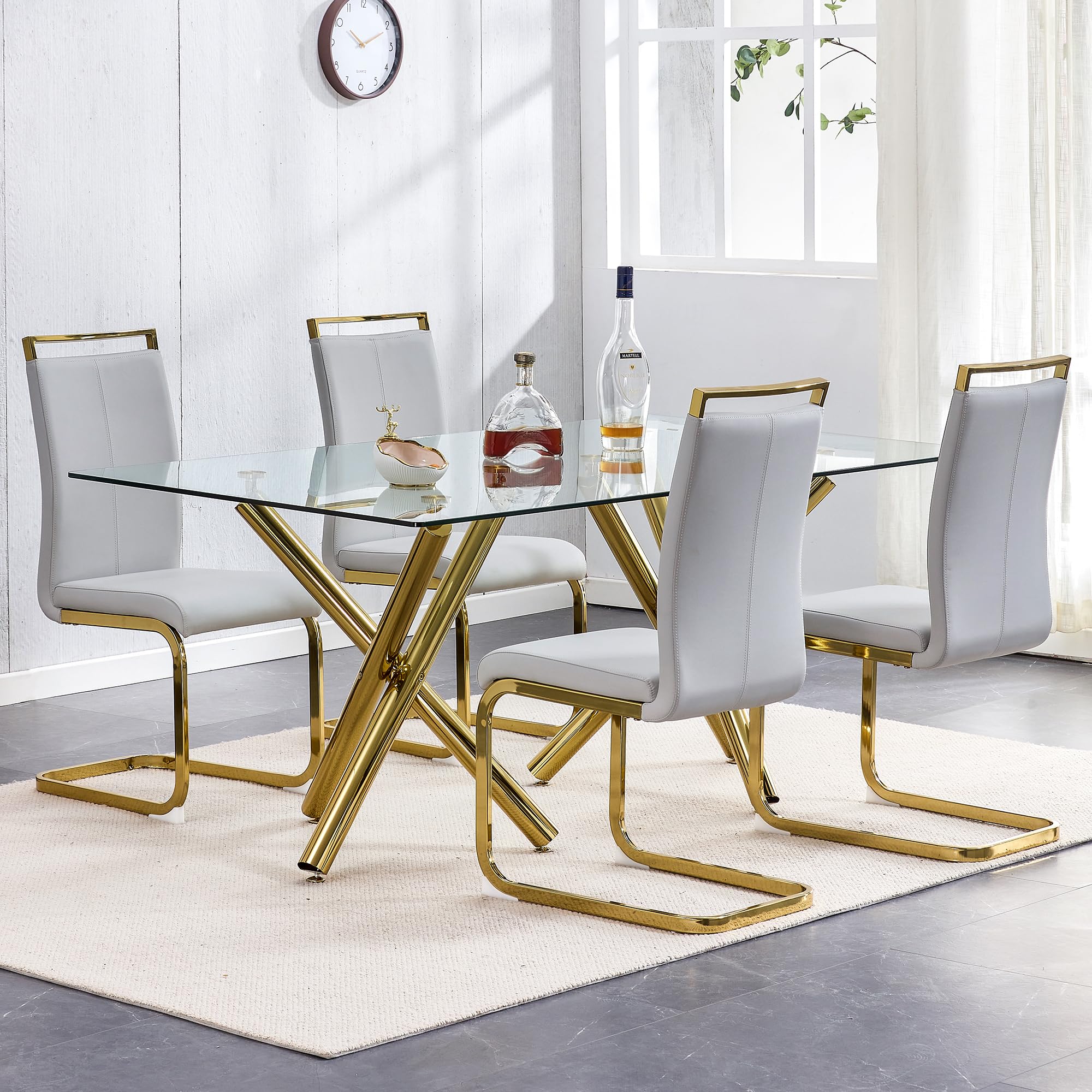 Baysitone Modern Dining Chairs Set of 4 - Gold Frame Faux Leather Padded High Back Side Chairs for Kitchen, Dining Room & Living Room - Light Grey - Perfect for Home Decor, Family Gatherings & Dinner Parties