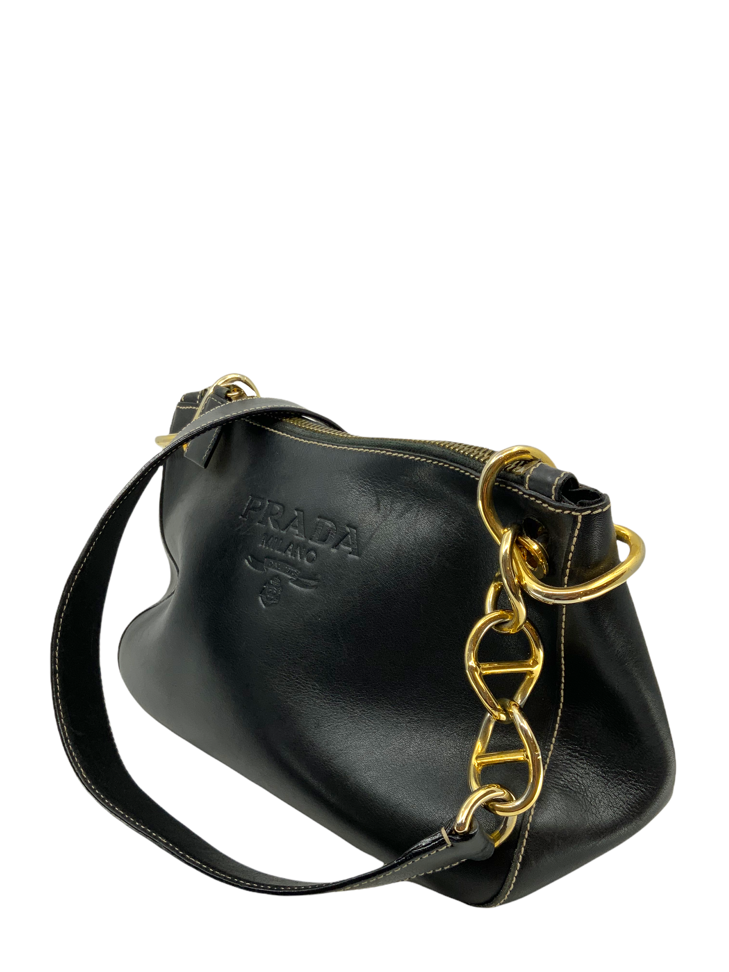 Prada Logo Embossed Leather Chain Link Shoulder Bag for Women | Luxury Designer Handbag | Perfect for Work, Evening Events & Everyday Use