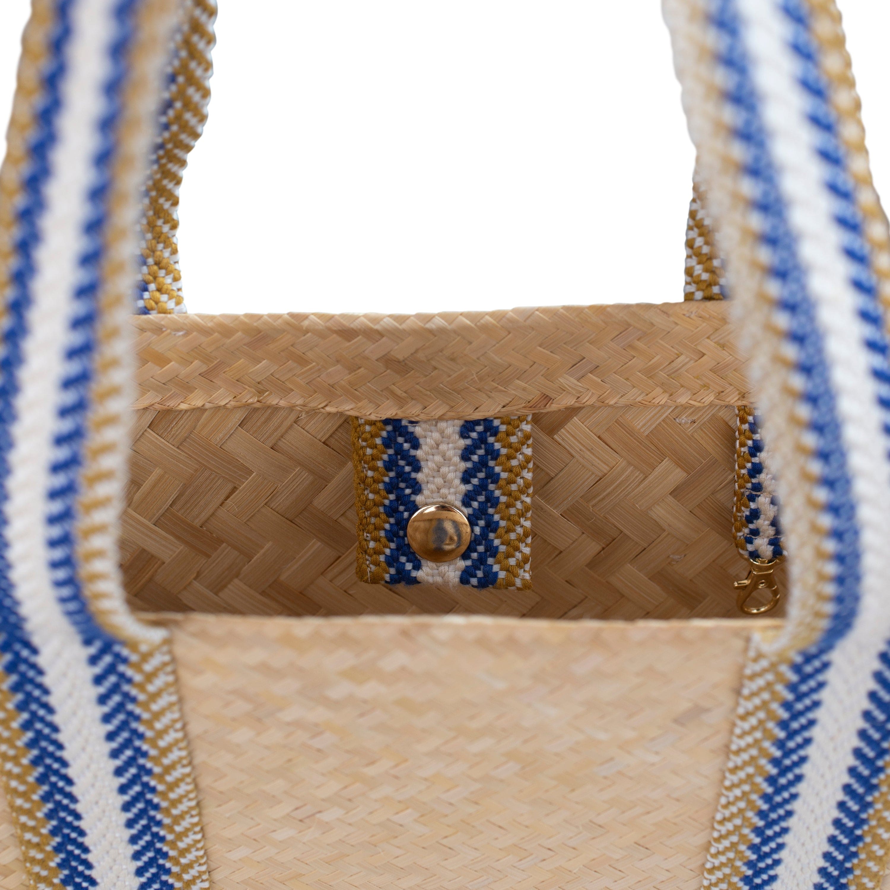 Eco-Friendly Bamboo Vegan Medium Tapered Tote Bag - Natural & Blue Stripe for Work, Shopping & Beach Day Essentials