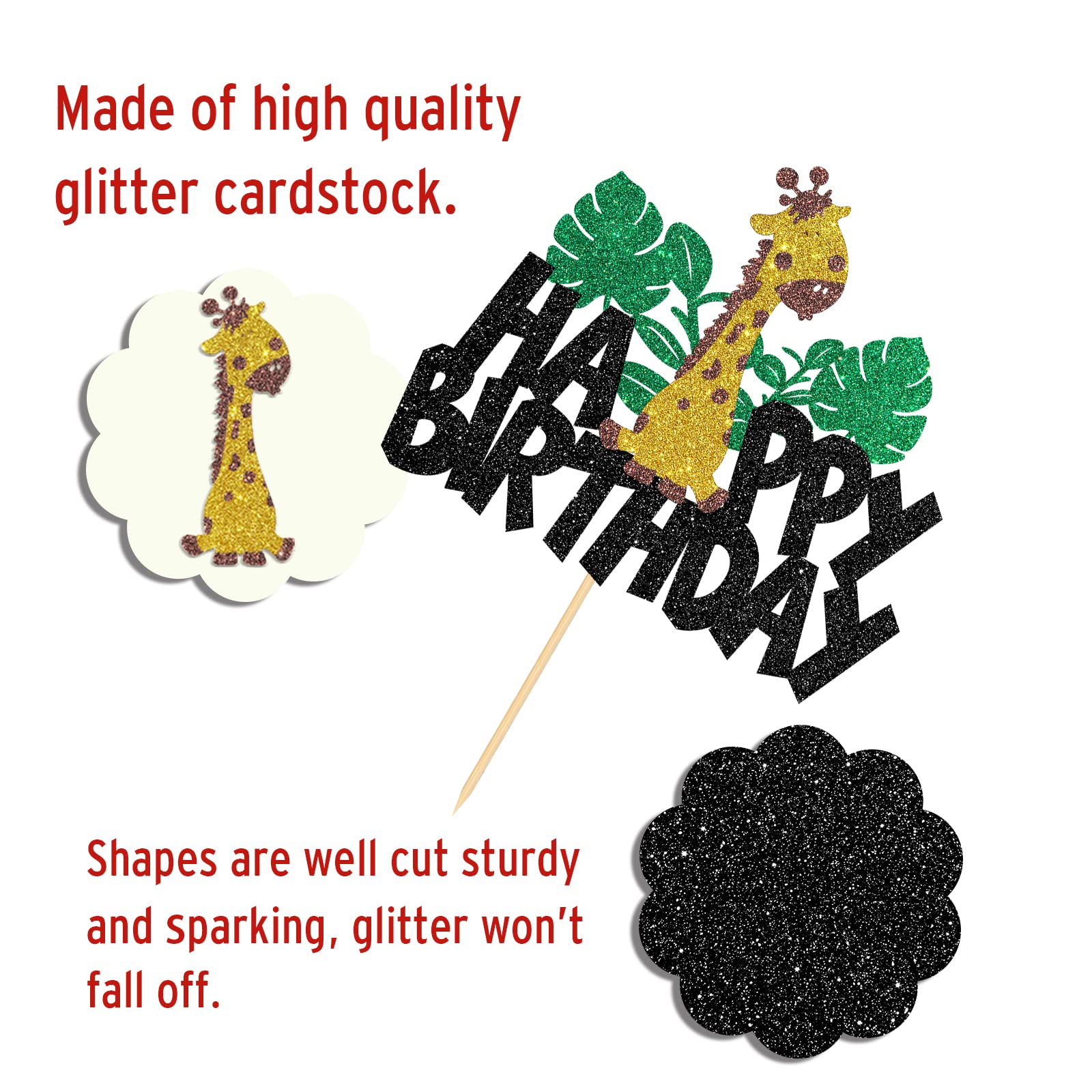 Giraffe Birthday Cake Topper - Zoo Themed Happy Birthday Decor for Kids, Boys & Girls 1st & 2nd Birthday Parties - Black Glitter Baby Shower Cake Decoration - Perfect for Jungle Theme, Safari Birthday Cakes & Wild Animal Party Supplies