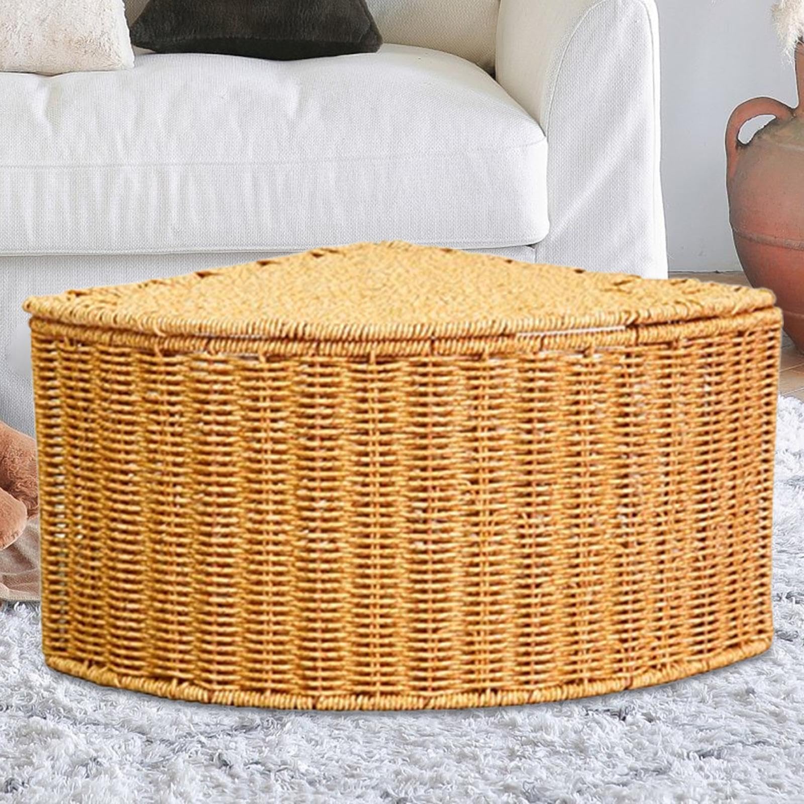 Woven Storage Basket with Lid - Corner Storage Box for Office, Pantry, Desktop & Bedroom Organization | Home Decor & Clutter Control Solution
