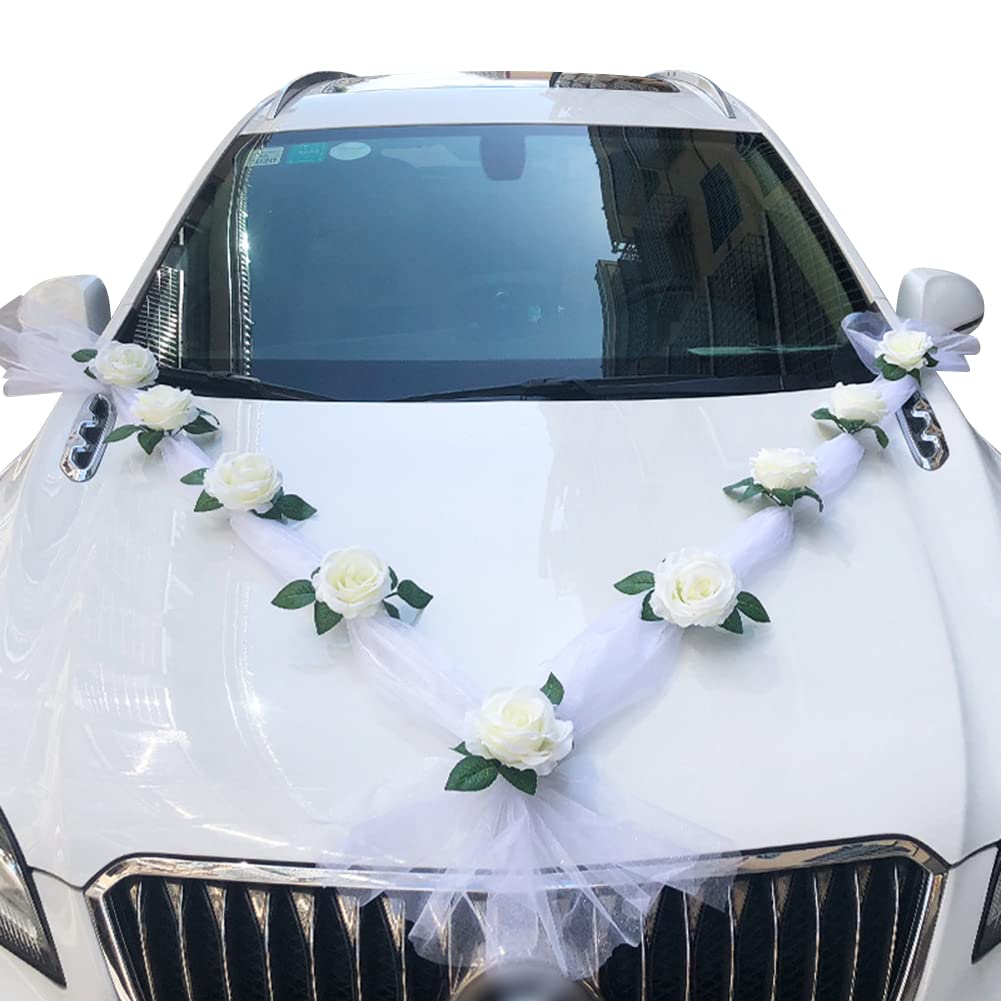 Artificial Wedding Car Flowers & Ribbon Bows - Elegant Bridal Car Door Handle Decorations for Wedding Ceremony, Photo Props, Party Events & Vehicle Accessories - Perfect for Wedding Day Decor & Bridal Party Celebrations