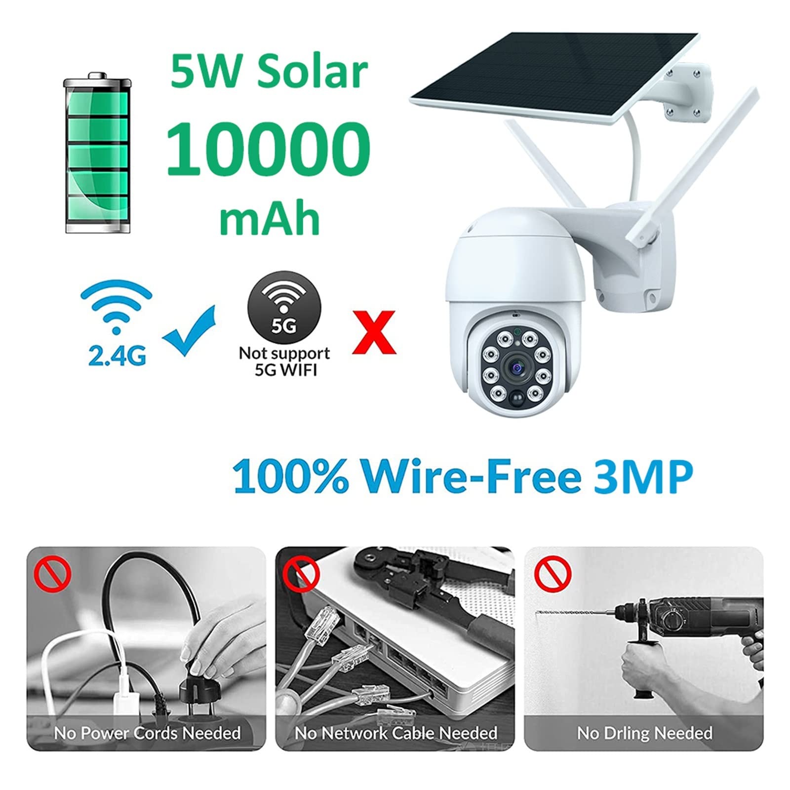 MZZYG 3MP Solar Security Camera Outdoor Wireless WiFi, 10400mAh Battery, Auto Tracking, 5W Solar Panel, IP Surveillance Camera with Night Vision & 128GB Storage - Ideal for Home Security, Yard Monitoring, and Property Protection