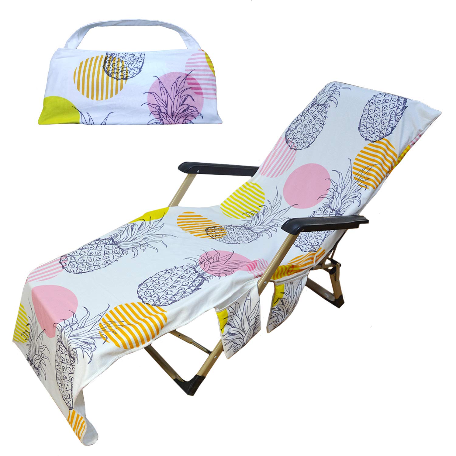 Non-Slip Beach Chair Cover Towel with Pockets - Pink & Yellow Pineapple Print - Waterproof Sun Lounger Cover for Poolside, Hotel Vacation, and Backyard Sunbathing | Perfect for Beach, Resort, and Patio Relaxation