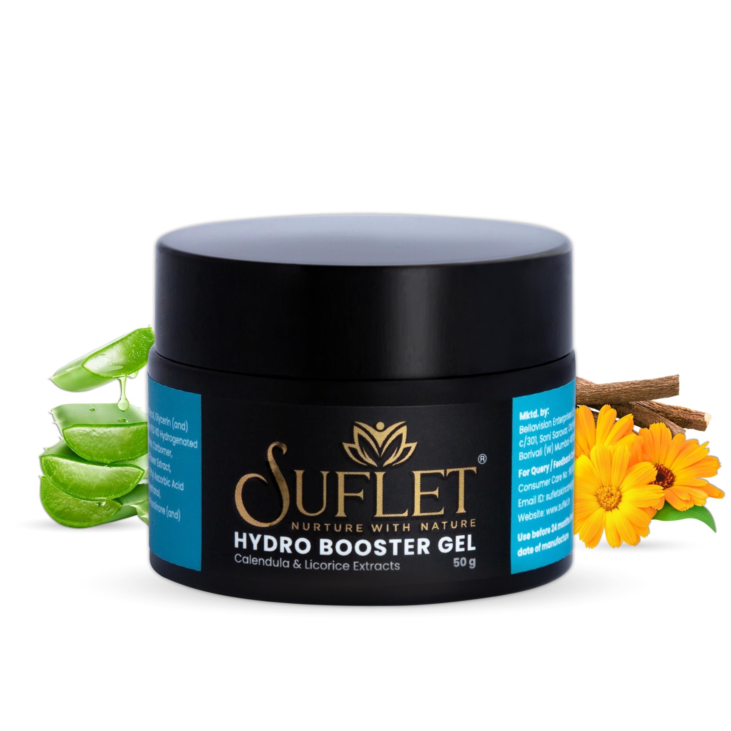 Suflet Hydro Booster Gel Face Moisturizer with Calendula & Licorice Extracts | 24-Hour Oil-Free Hydration for Dry & Sensitive Skin | Brightens Skin & Fades Dark Spots | Lightweight Water Gel for Men & Women | Perfect for Daily Skincare Routine & Travel - 50g