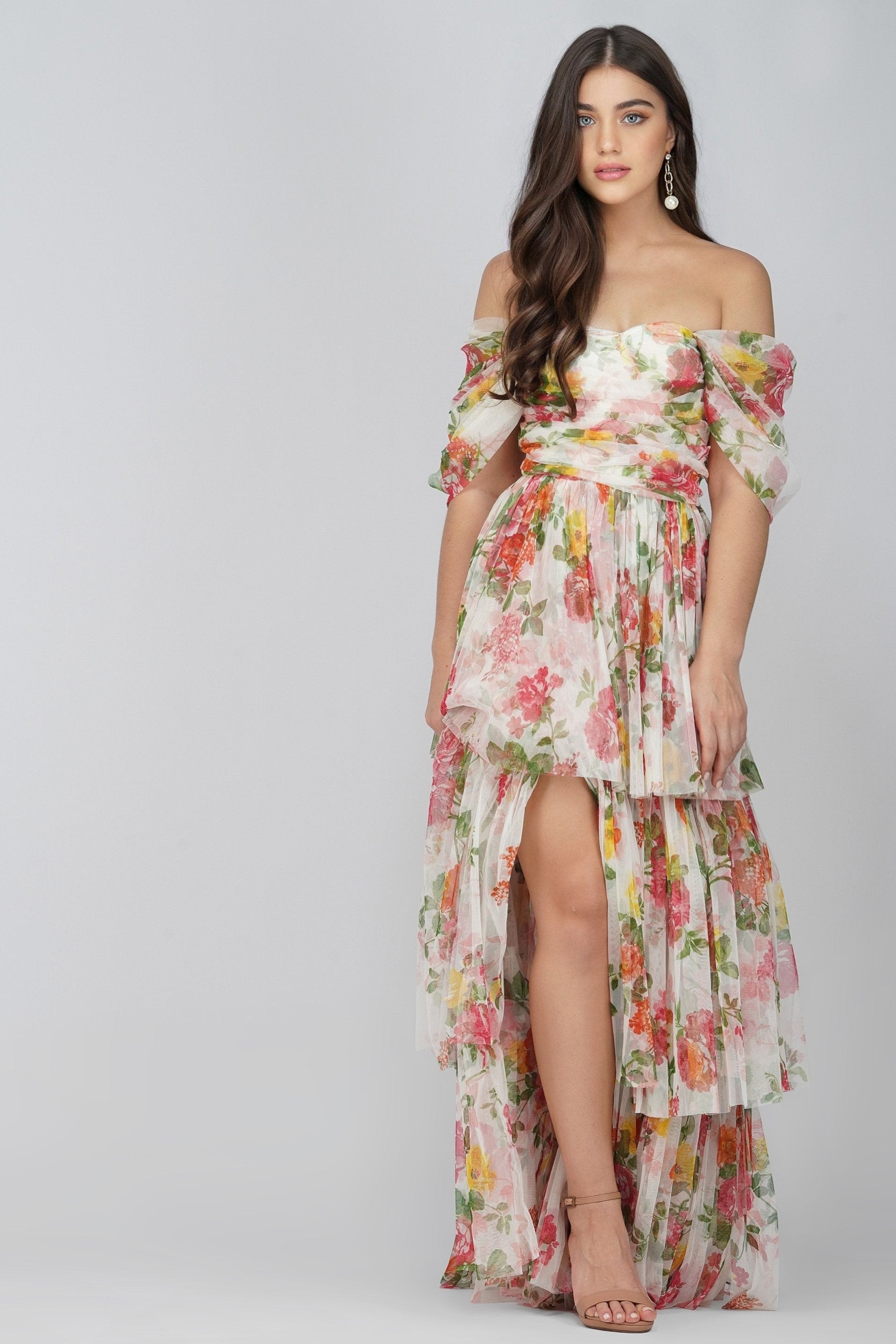 Elegant Sydney Tulle Maxi Dress - Bright Floral Print Long Evening Gown for Women | Perfect for Weddings, Parties & Special Occasions