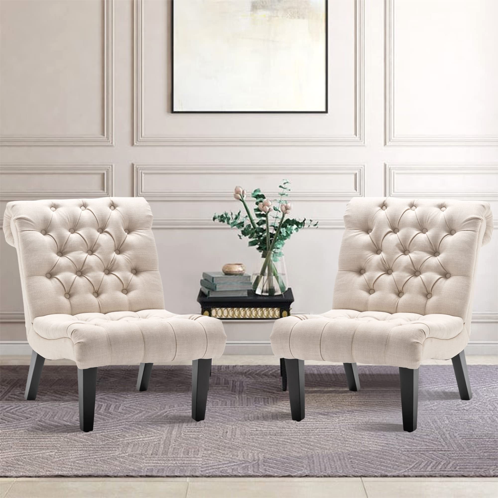 Yongqiang Accent Chairs Set of 2 - Modern Armless Upholstered Slipper Chairs with Button Tufted Design & Solid Wood Legs in Cream Fabric - Perfect for Living Room, Bedroom, or Reading Nook Decor
