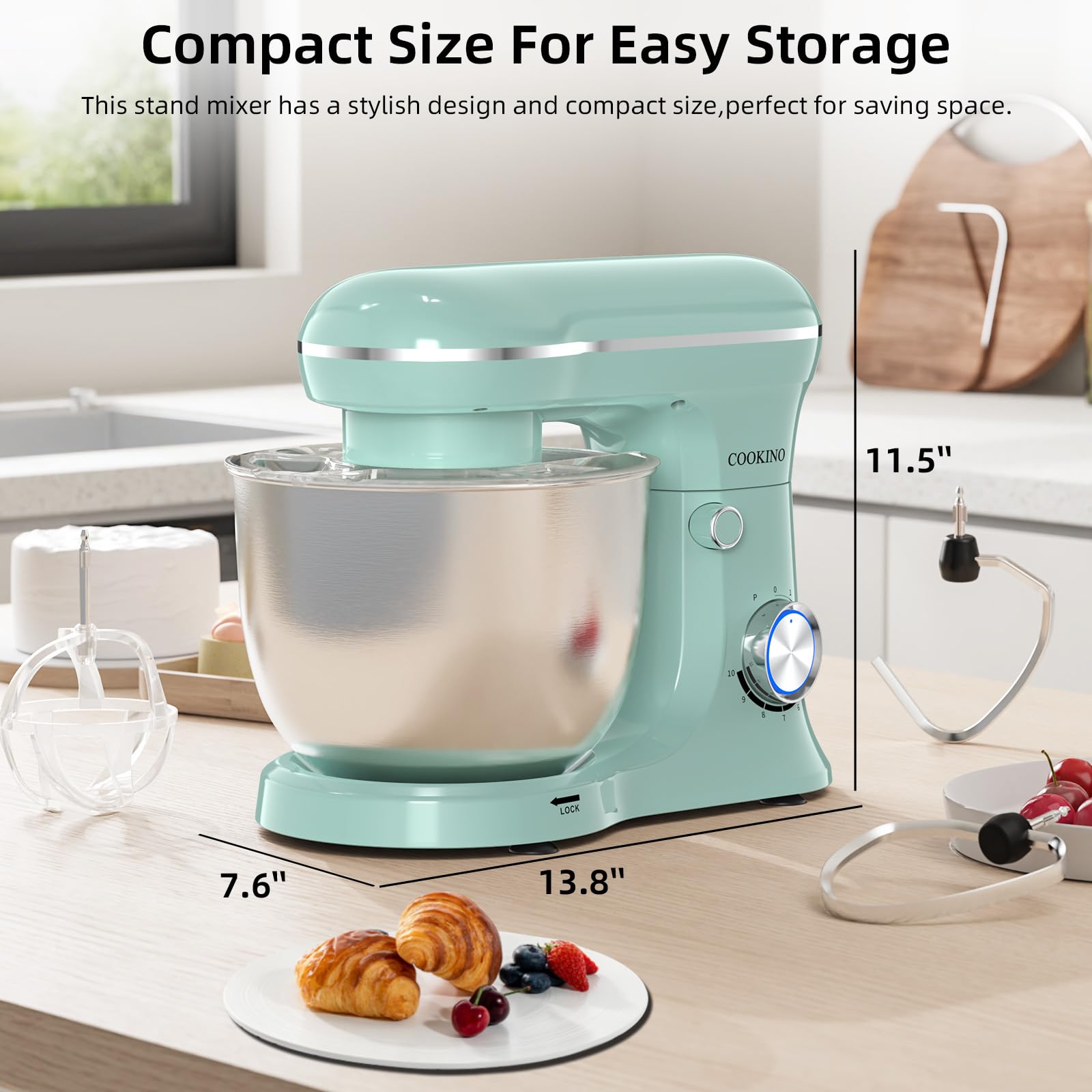 10-Speed Electric Stand Mixer with 5.5 QT Bowl - 3-in-1 Kitchen Mixer with Dough Hook, Beater & Whisk (Agave Green) - Perfect for Baking, Whipping Cream & Kneading Dough