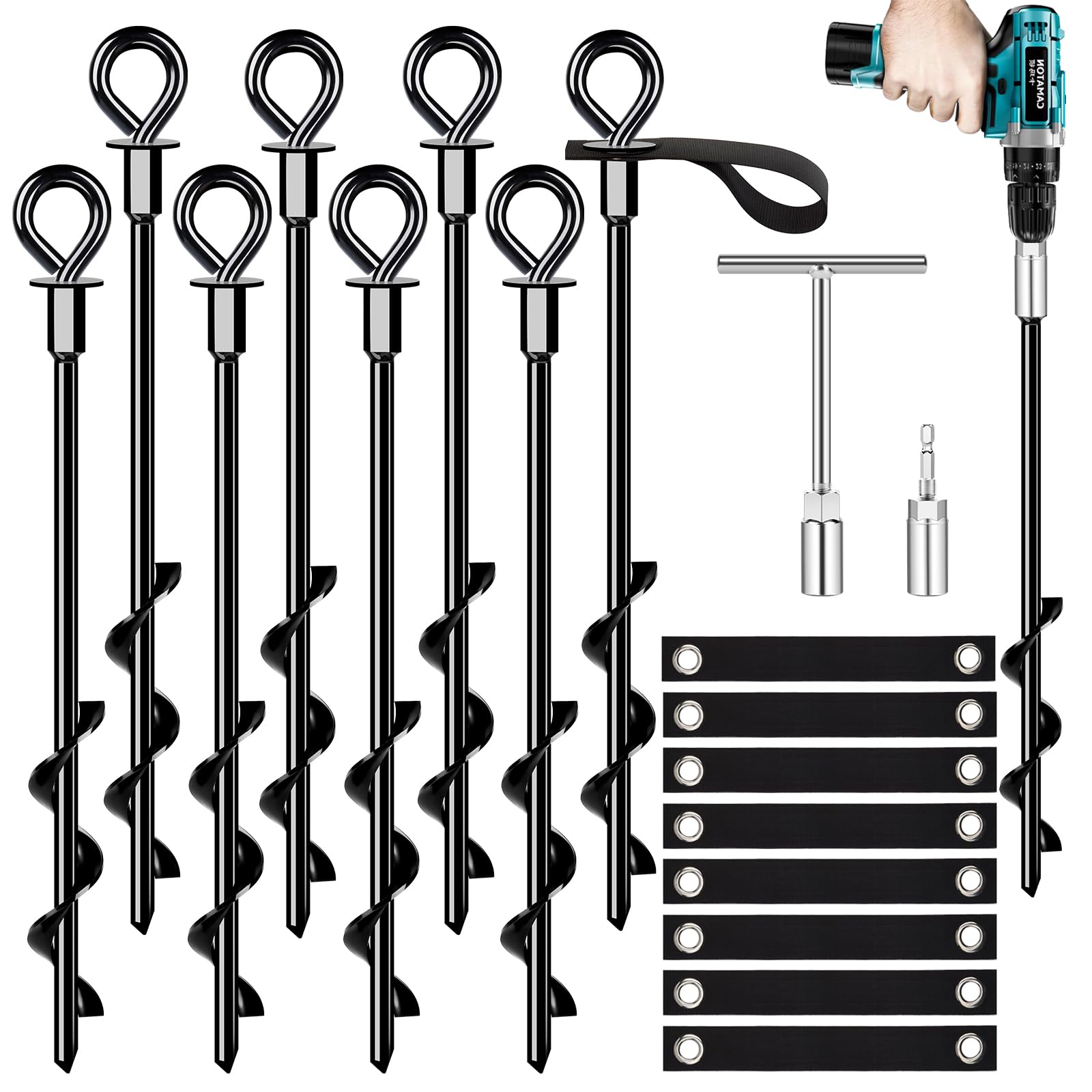 Heavy Duty Trampoline Anchors Set of 8 - Wind Resistant Ground Stakes with Straps for Outdoor Trampoline Safety - Perfect for Backyard, Playground, and Storm Protection