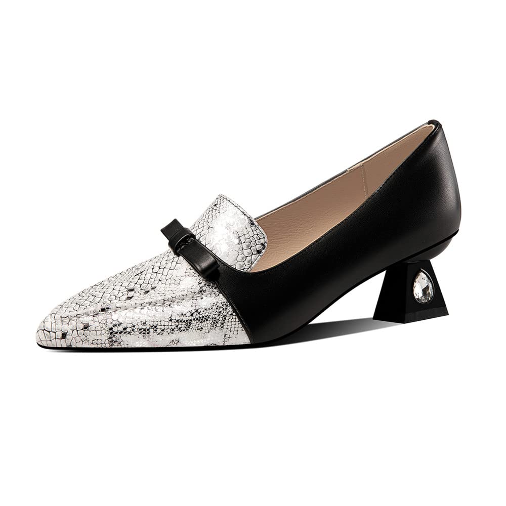 TinaCus Women's Pointed Toe Genuine Leather Bowtie Chunky Heel Pumps - Handmade Low Heel Dress Shoes for Office, Party & Special Occasions