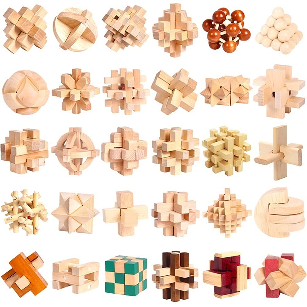 **3D Wooden Kongming Lock Puzzle - Luban Lock Brain Teaser Toy for Stress Relief & Mental Challenge - Interlocking Building Blocks for Kids & Adults (30pcs, Hemu Theaceae) - Perfect for Relaxation, Gifts & STEM Learning**