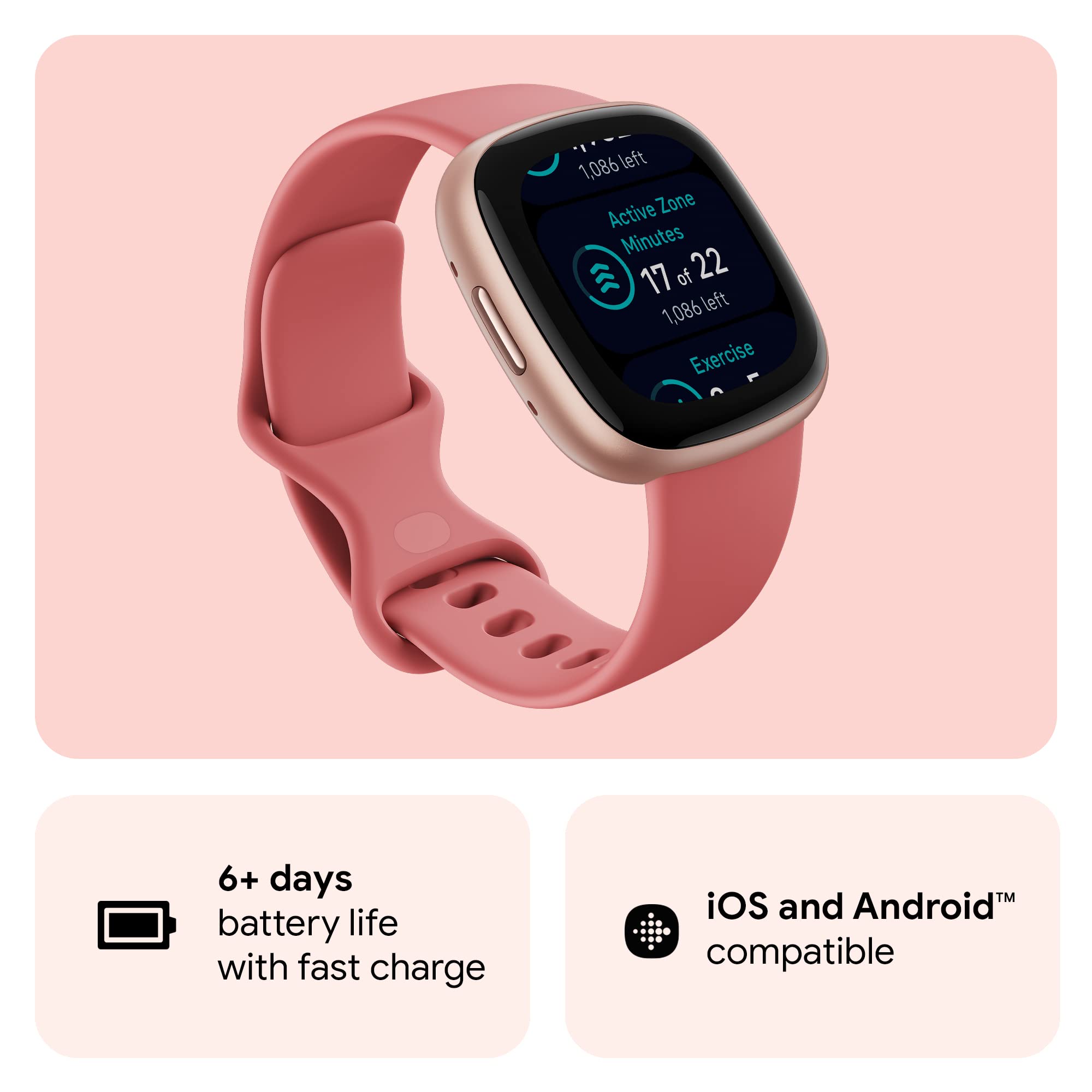Fitbit Versa 4 Smart Watch for Women & Men - GPS Fitness Tracker with Heart Rate Monitor, Sleep Tracking, 40+ Exercise Modes & Daily Readiness Score - Pink Sand/Copper Rose (Includes S & L Bands) - Perfect for Running, Swimming & Active Lifestyle