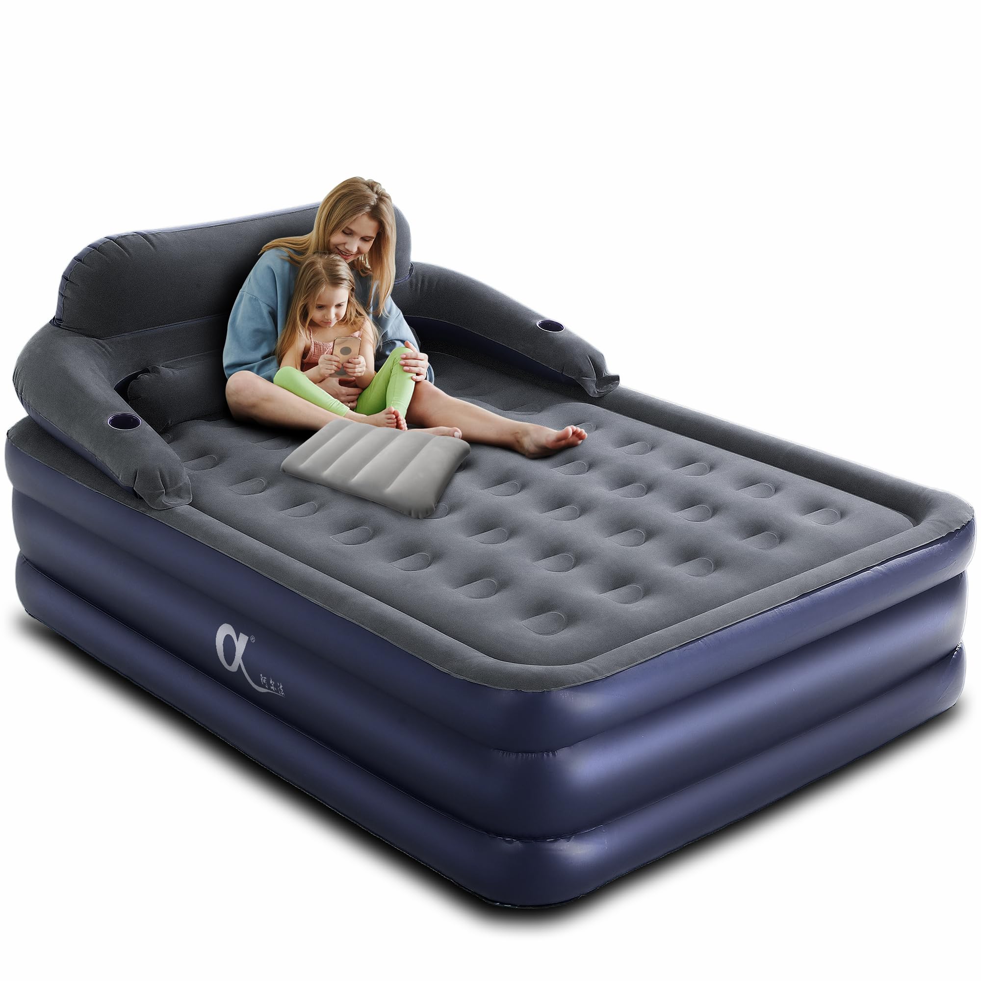 Queen Air Mattress with Headboard & Cup Holders - Comfortable Inflatable Blow Up Bed for Guests, Home & Travel - Portable Airbed for Camping, Sleepovers & Temporary Use
