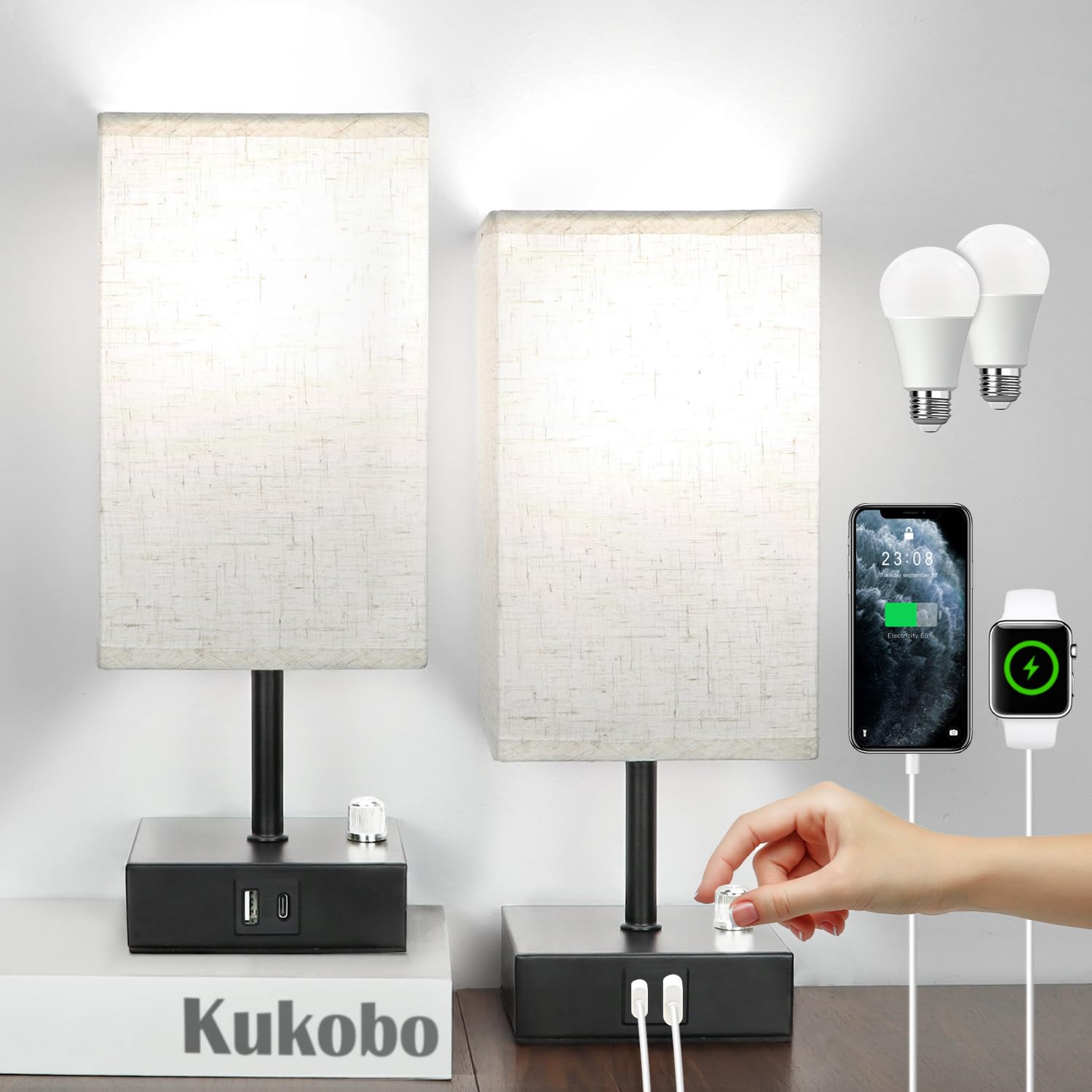 2-Pack Dimmable Bedside Lamps with USB-C/A Ports & AC Outlet - Modern Square Beige Fabric Shade & Black Metal Base Nightstand Lamps (LED Bulbs Included) for Bedroom, Kids Room, Nursery & Home Office Lighting