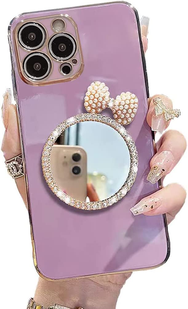 iPhone 13 Pro Max Mirror Case with Pearl Bow & Diamond Round Makeup Mirror - Slim Soft Flexible TPU Protective Cover for Women & Girls (6.7 Inch, Purple) - Perfect for Makeup Touch-ups & Selfies On-The-Go