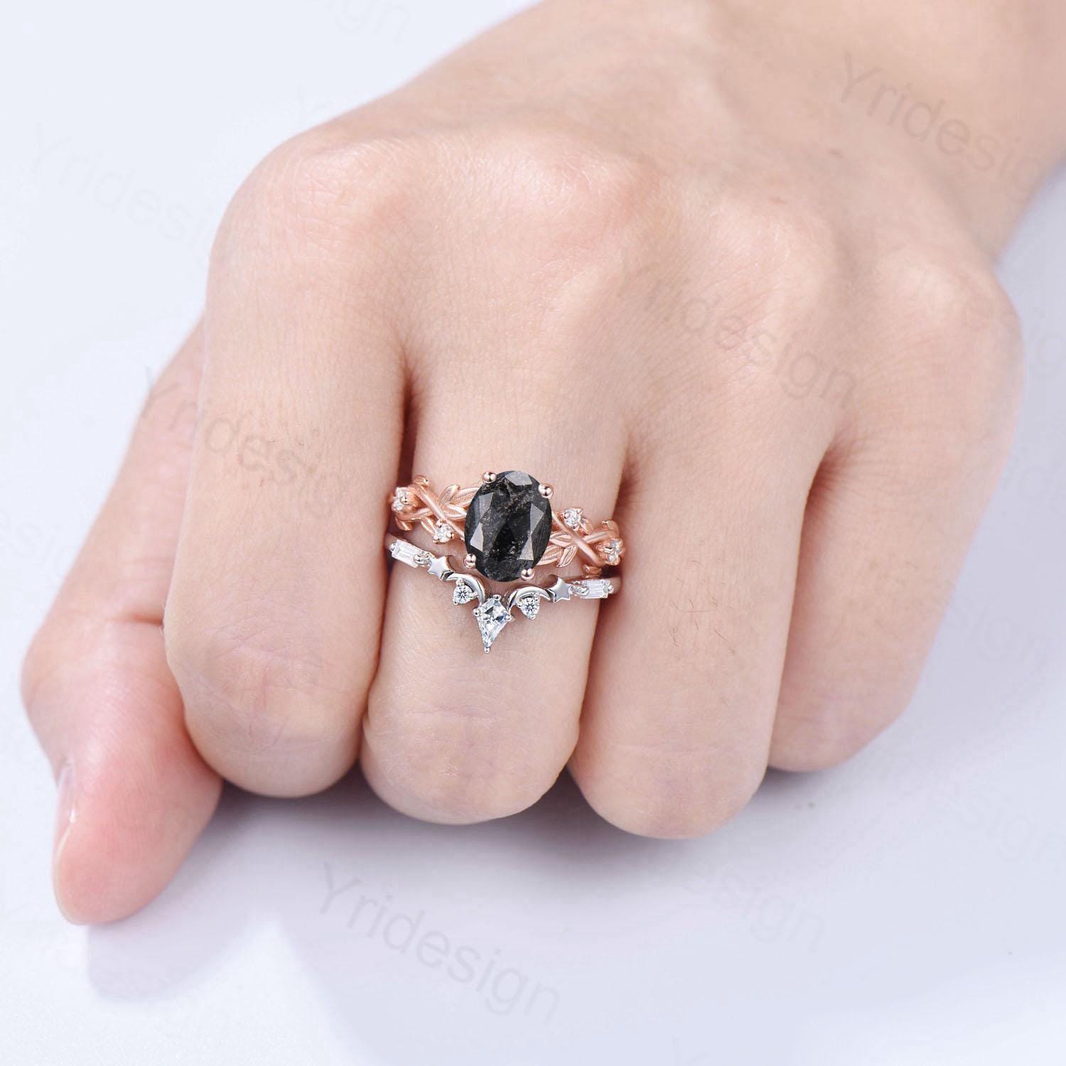 1.5CT Oval Salt and Pepper Diamond Engagement Ring Set - Nature Inspired Wedding Band, Unique Moon & Star Stackable Matching Ring - Perfect for Anniversaries, Proposals & Bridal Jewelry Gifts