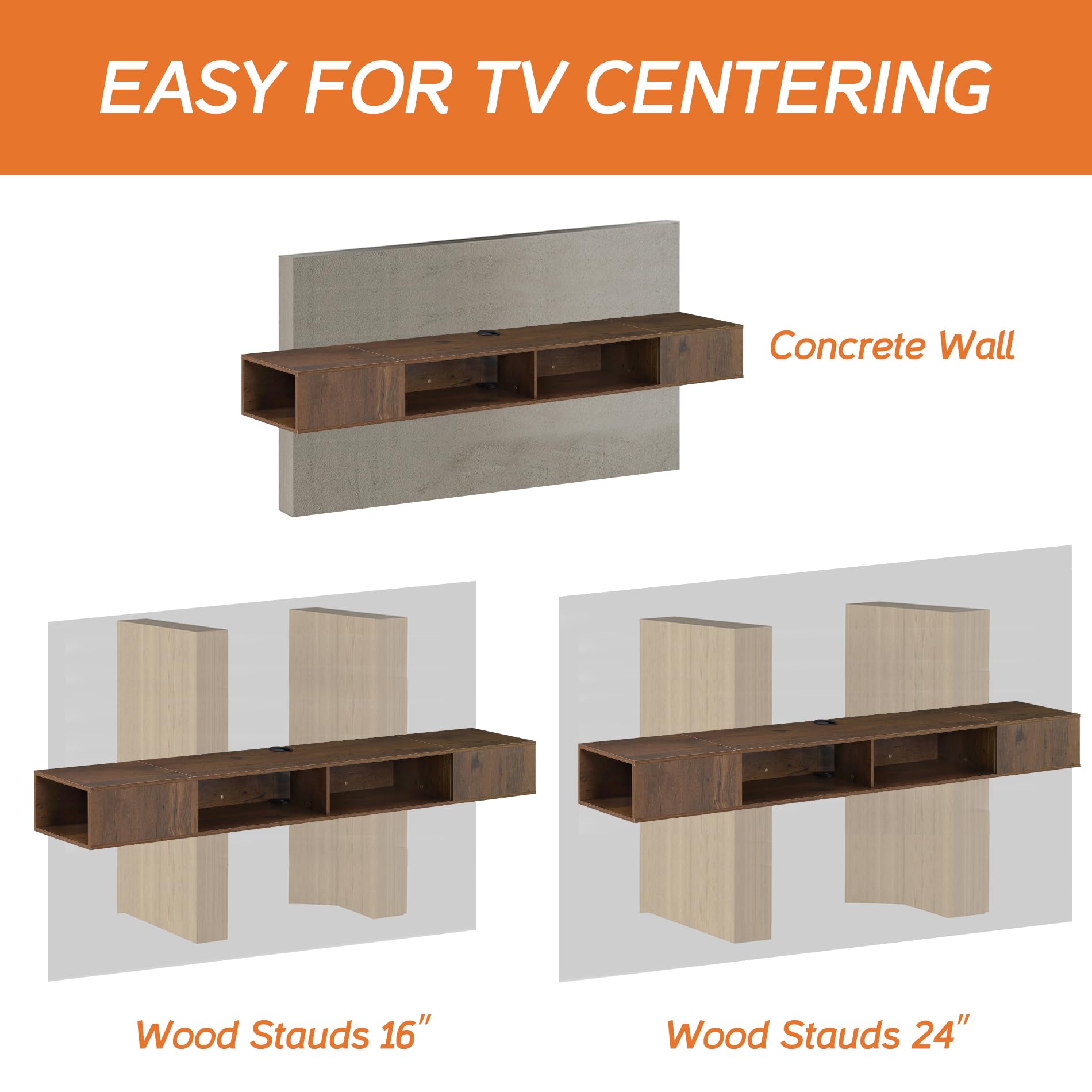 70 Inch Floating TV Stand with Storage - Modern Wall Mounted Entertainment Center for Living Room, Bedroom & Home Theater - Brown Wood Media Console for TV, Gaming & Streaming Devices