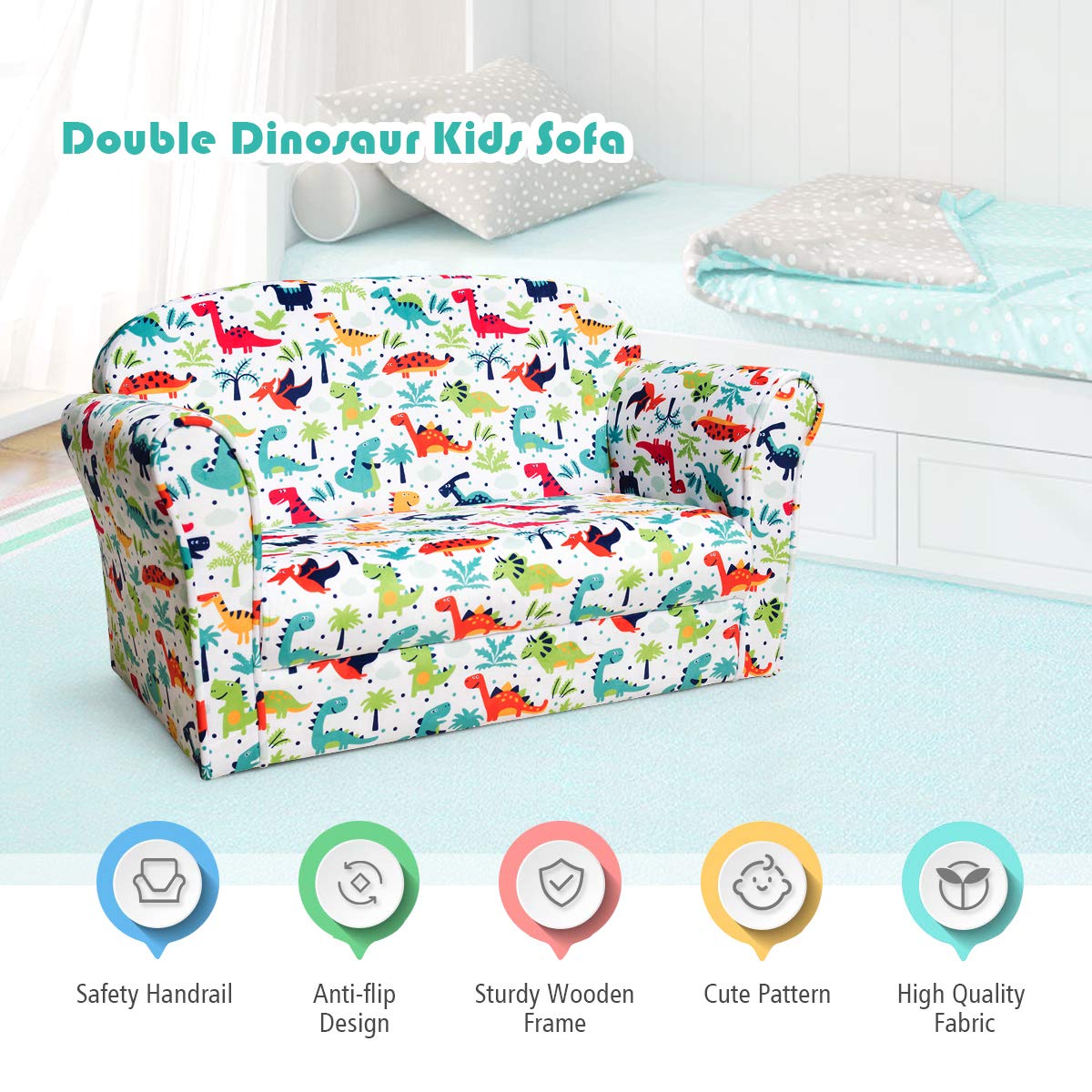 Costzon Kids Couch - Double Seat Children's Sofa with Dinosaur Pattern, Soft & Comfortable Toddler Armchair with Back Support, Easy to Move, Perfect for Bedroom & Living Room - Ideal Gift for Preschool Boys & Girls (Great for Playtime, Reading Nook & Nap Time)