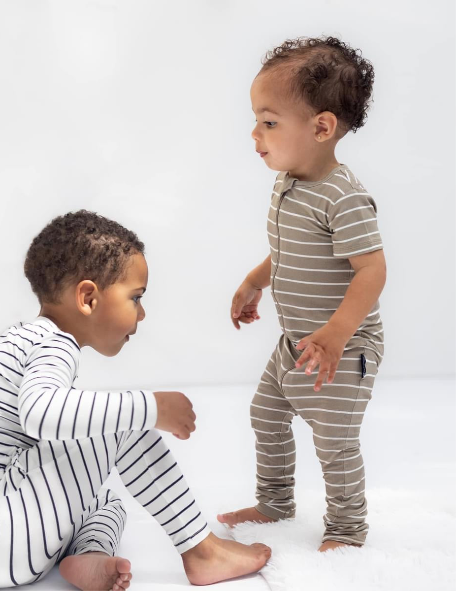 LB x Baby Breez Short Sleeve Pinstripe Romper Pajamas - Soft Cotton Sleepwear for Babies & Toddlers (Khaki Green/White) - Perfect for Nursery, Bedtime & Playtime