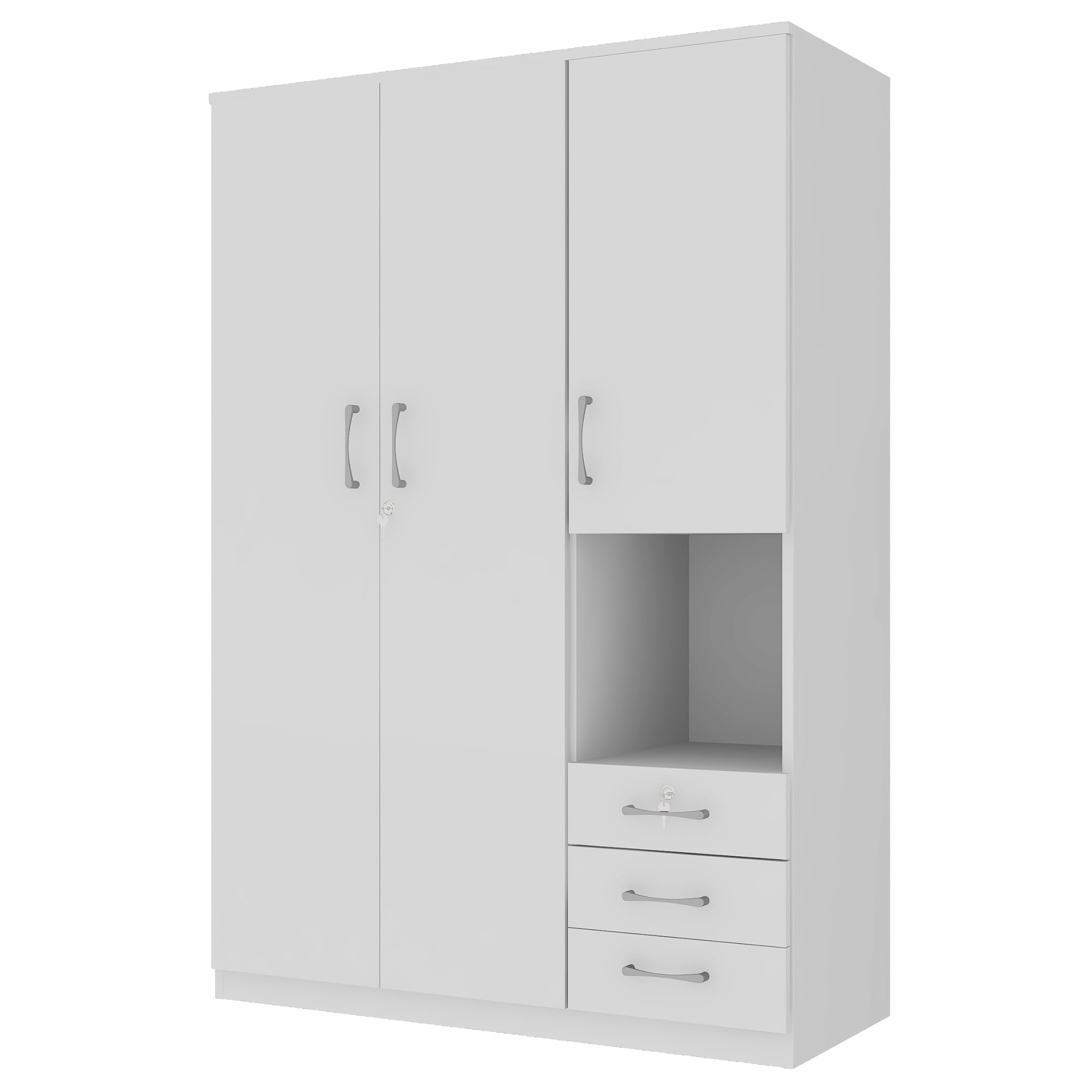 3-Door Wooden Wardrobe Armoire with Shelves, Drawers & Hanging Rod - Modern Bedroom Closet Organizer Storage Cabinet in White - Perfect for Master Bedroom, Guest Room or Dorm Organization
