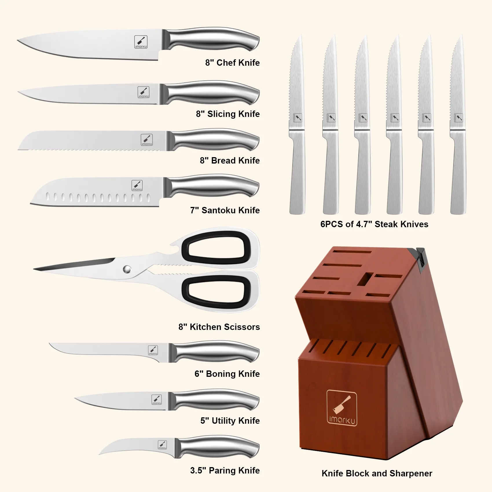 15-Piece German Stainless Steel Chef Knife Set with Wooden Block - Professional Kitchen Knives for Cooking, Slicing & Dicing - Perfect for Home Chefs & Culinary Enthusiasts