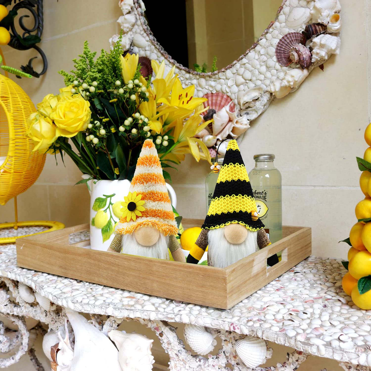 Gehydy Set of 2 Spring Easter Bumble Bee Gnome Plush Decor - Handmade Home & Kitchen Decoration for Easter, Summer, and Seasonal Festivities - Perfect for Table Centerpieces, Shelf Displays, and Gift Giving