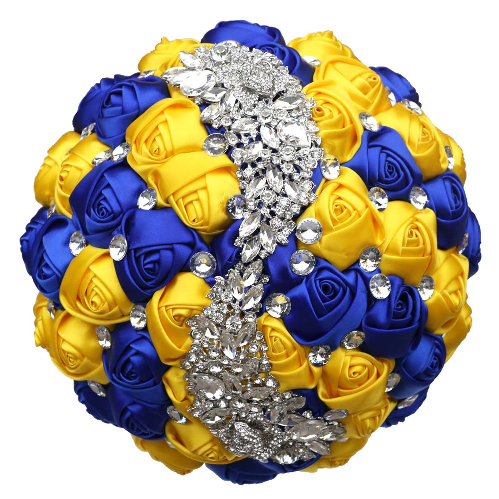 Handmade Satin Rose Wedding Bouquet - Bridal & Bridesmaid Bouquet with Rhinestone Meteor Shower Design for Wedding Ceremony (Gold & Royal Blue) | Perfect for Church, Beach, and Garden Weddings